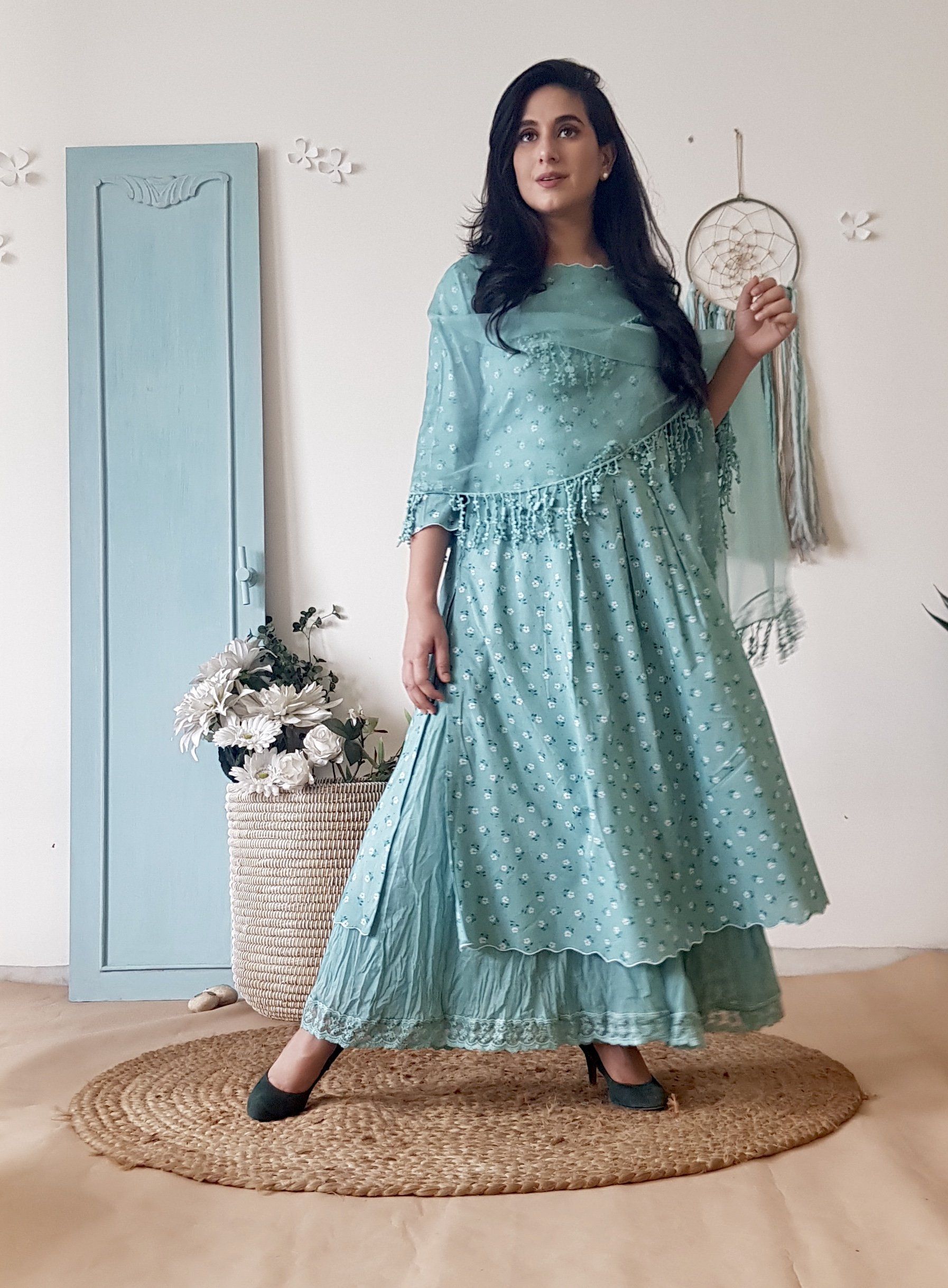 BLUE POPPY KURTA SET AND CRUSHED SHARARA WITH DUPATTA - Naaz By Noor