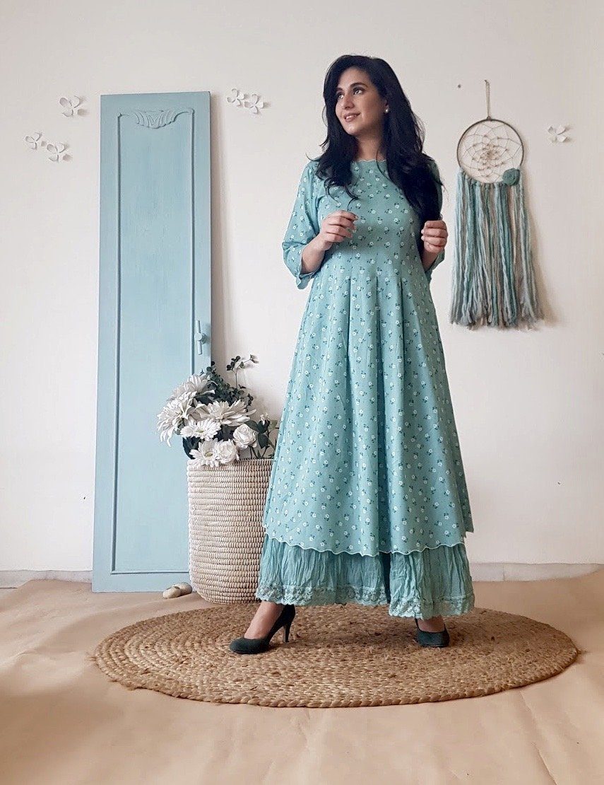BLUE POPPY KURTA SET AND CRUSHED SHARARA WITH DUPATTA - Naaz By Noor