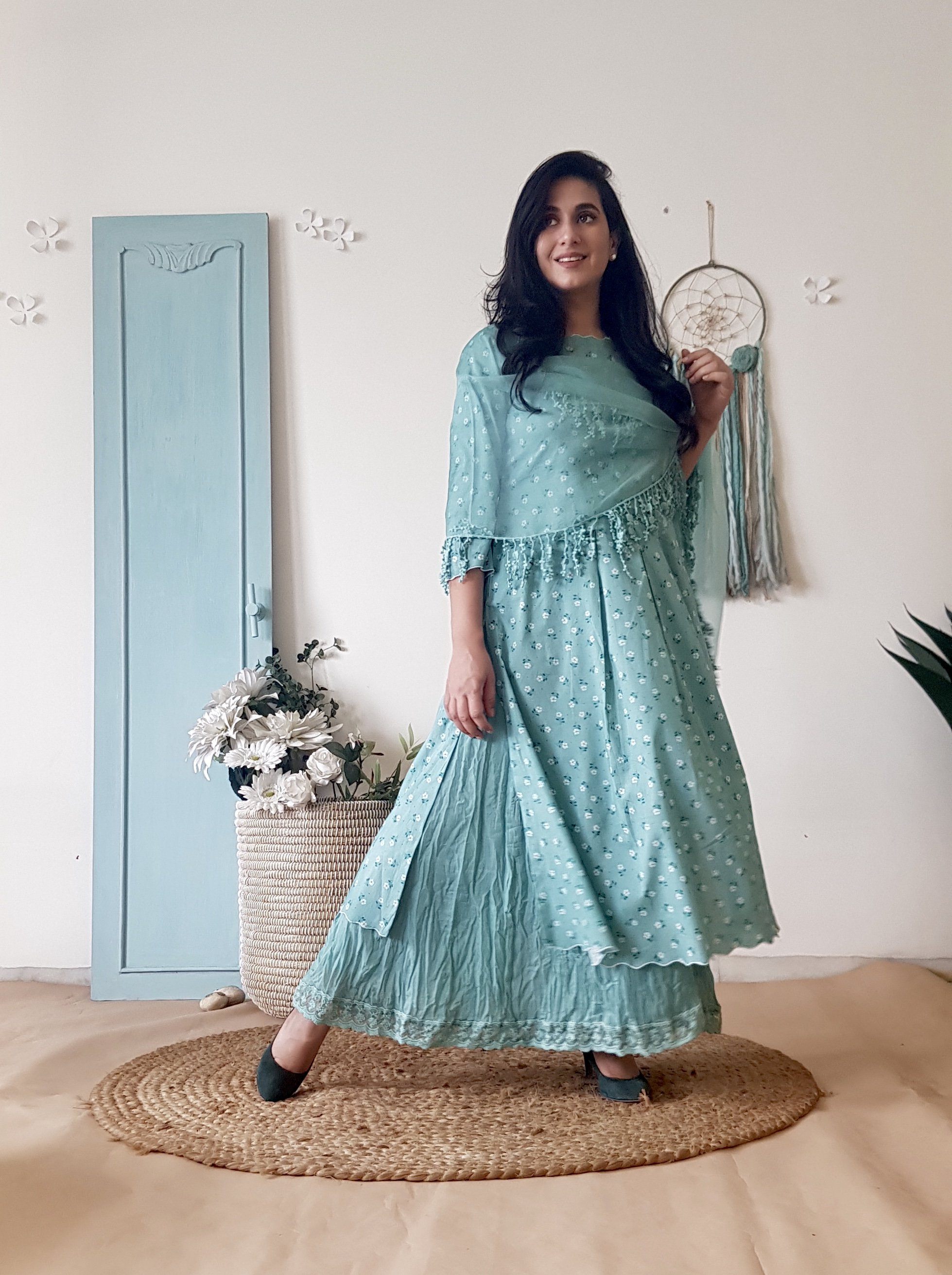 BLUE POPPY KURTA SET AND CRUSHED SHARARA WITH DUPATTA - Naaz By Noor