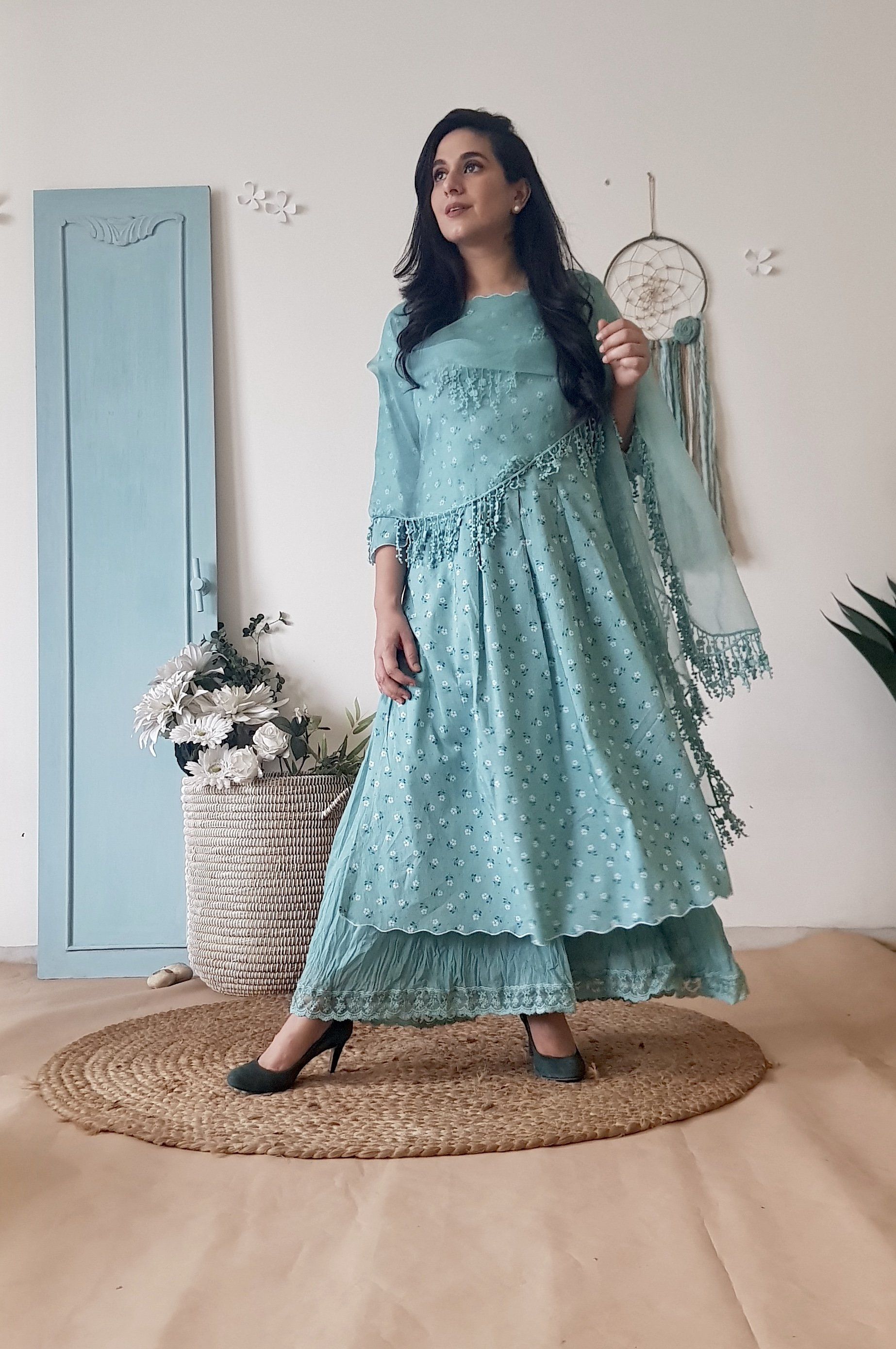 BLUE POPPY KURTA SET AND CRUSHED SHARARA WITH DUPATTA - Naaz By Noor