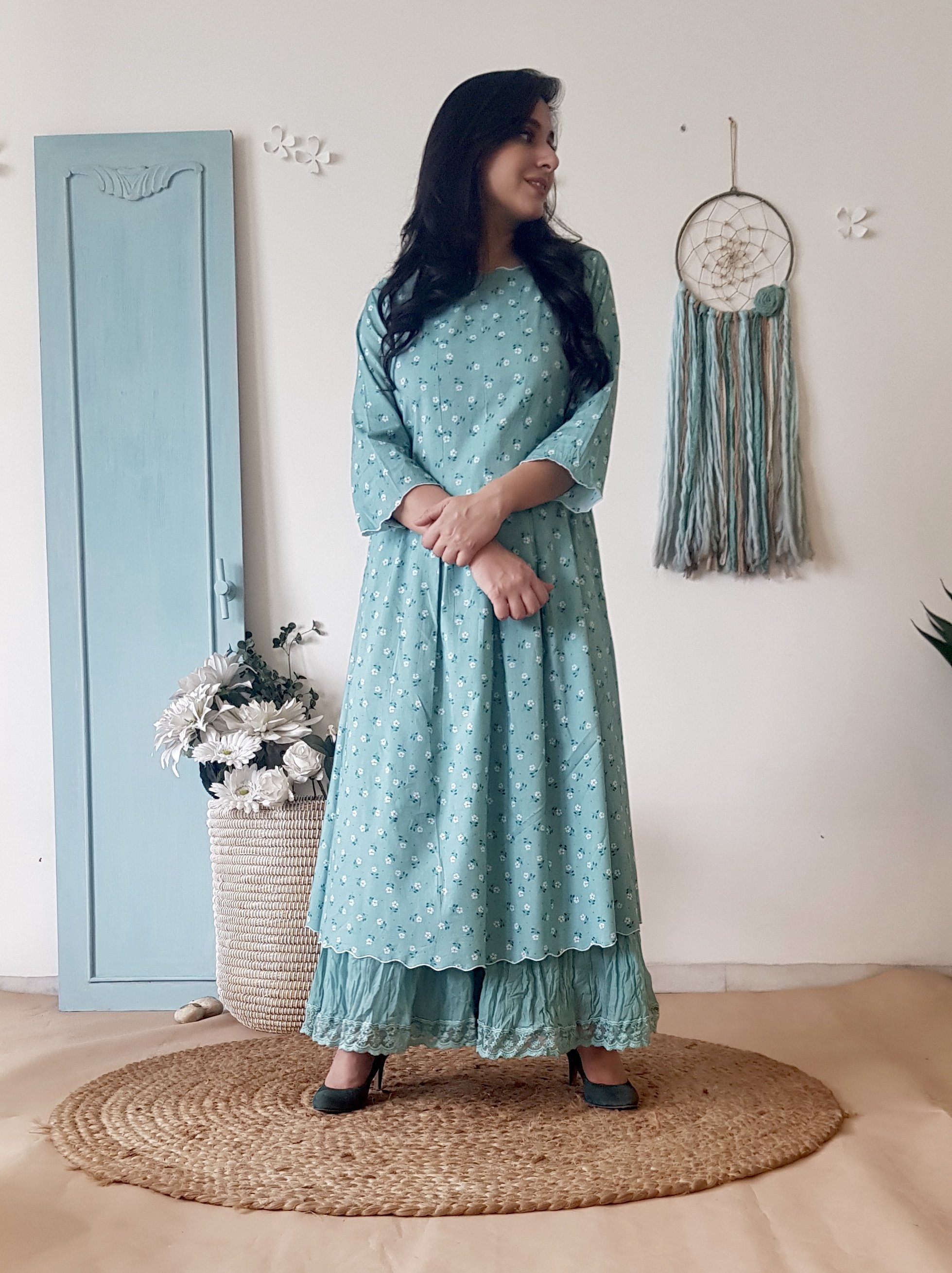 BLUE POPPY KURTA SET AND CRUSHED SHARARA WITH DUPATTA - Naaz By Noor