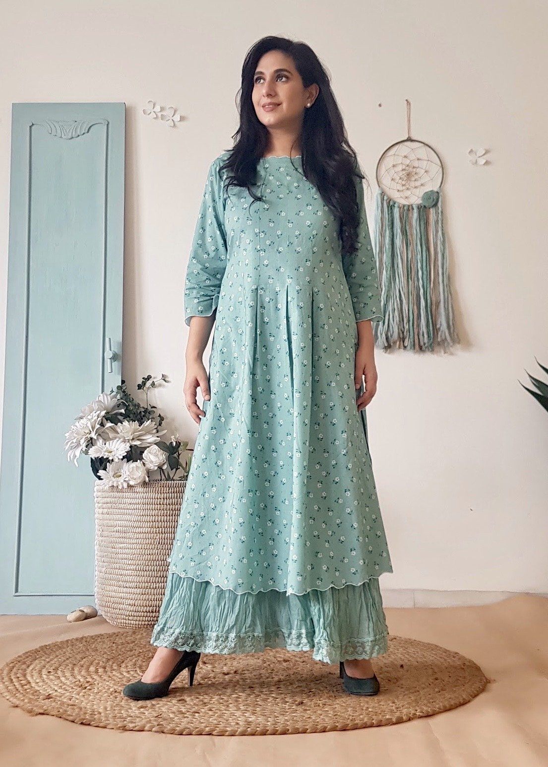 BLUE POPPY KURTA SET AND CRUSHED SHARARA WITH DUPATTA - Naaz By Noor