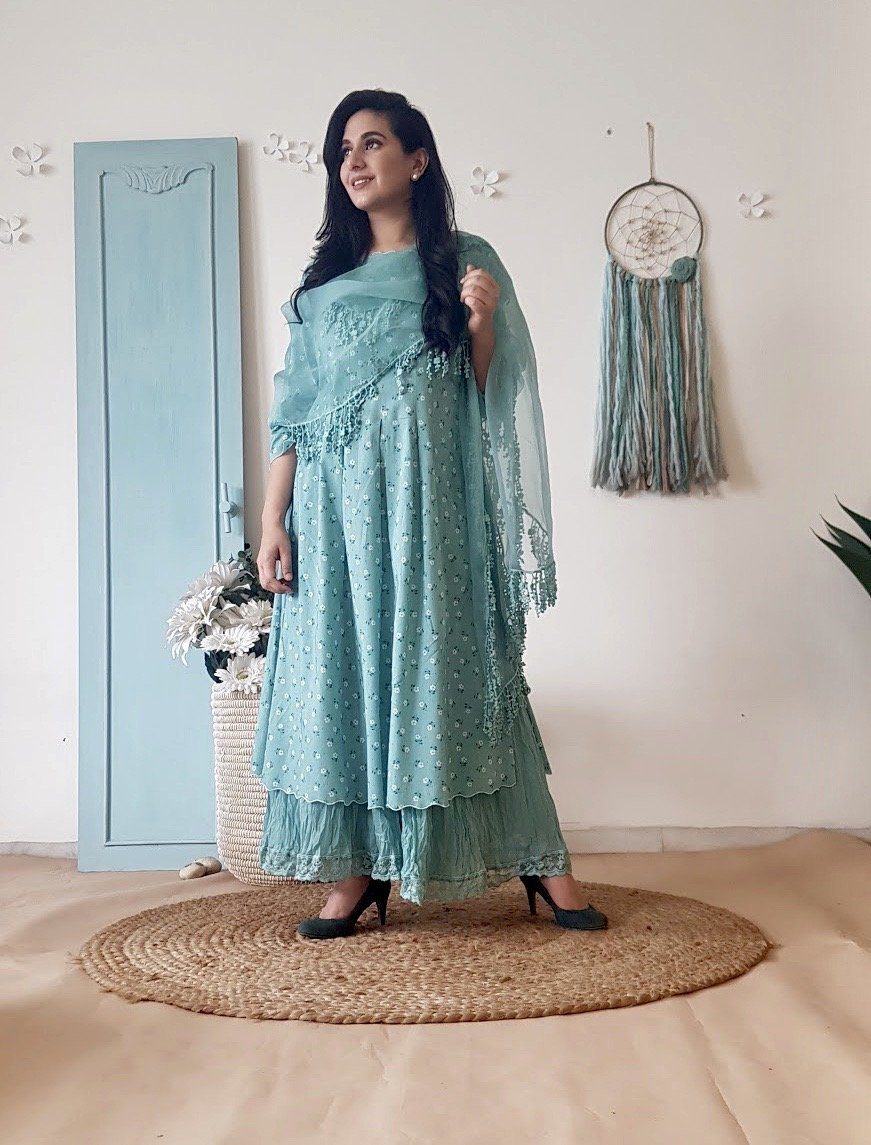BLUE POPPY KURTA SET AND CRUSHED SHARARA WITH DUPATTA - Naaz By Noor