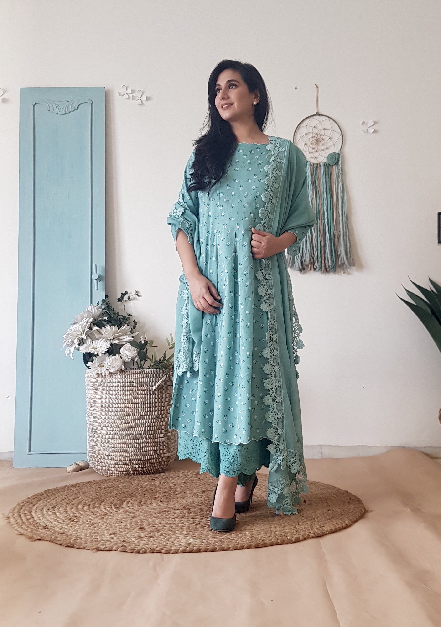 BLUE POPPY KURTA WITH COTTON DUPATTA - Naaz By Noor