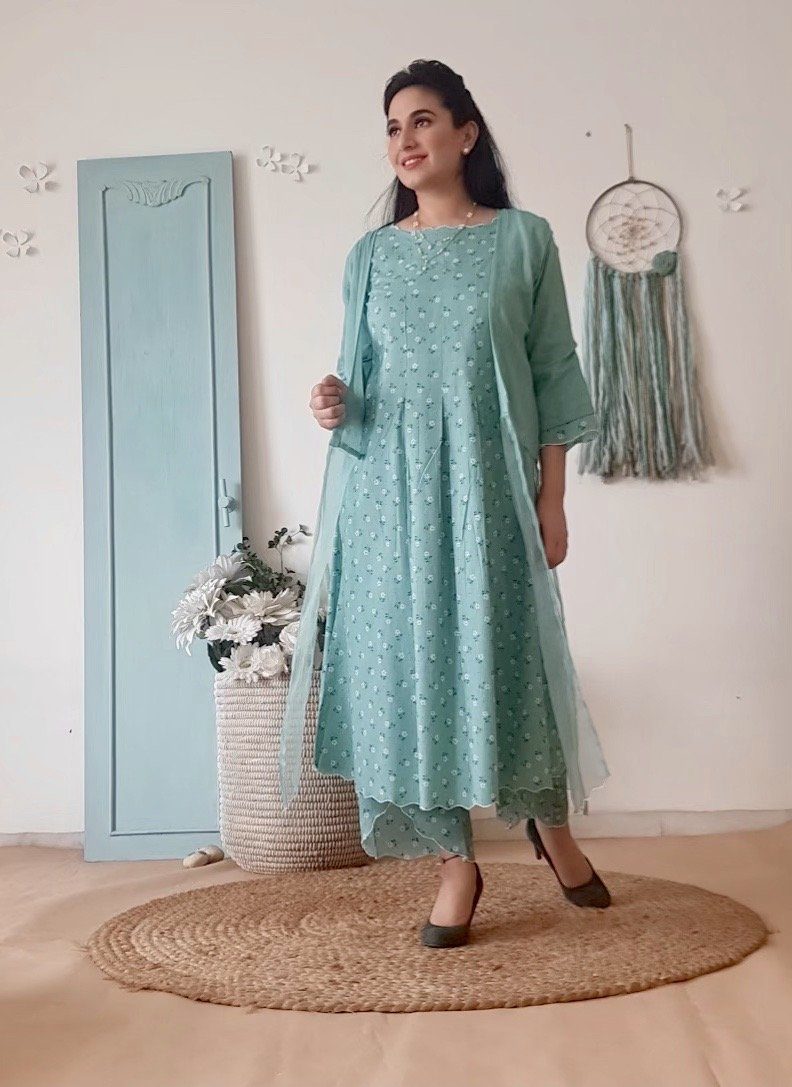 BLUE POPPY KURTA WITH OVERLAY AND PRINTED PANTS - Naaz By Noor
