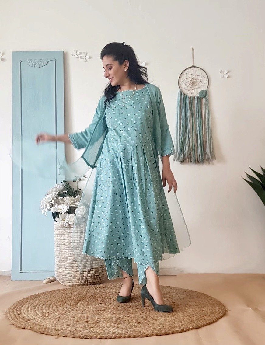 BLUE POPPY KURTA WITH OVERLAY AND PRINTED PANTS - Naaz By Noor