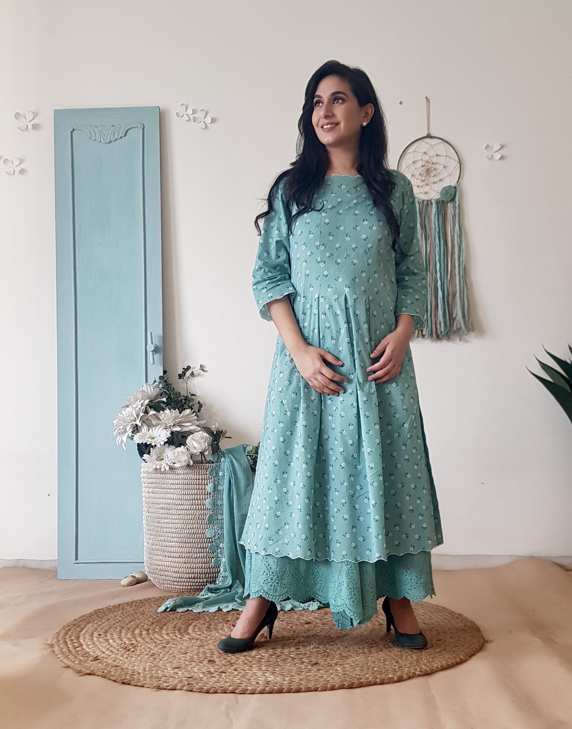 BLUE POPPY KURTA WITH SCHIFLLI PLAZZO WITHOUT DUPATTA - Naaz By Noor