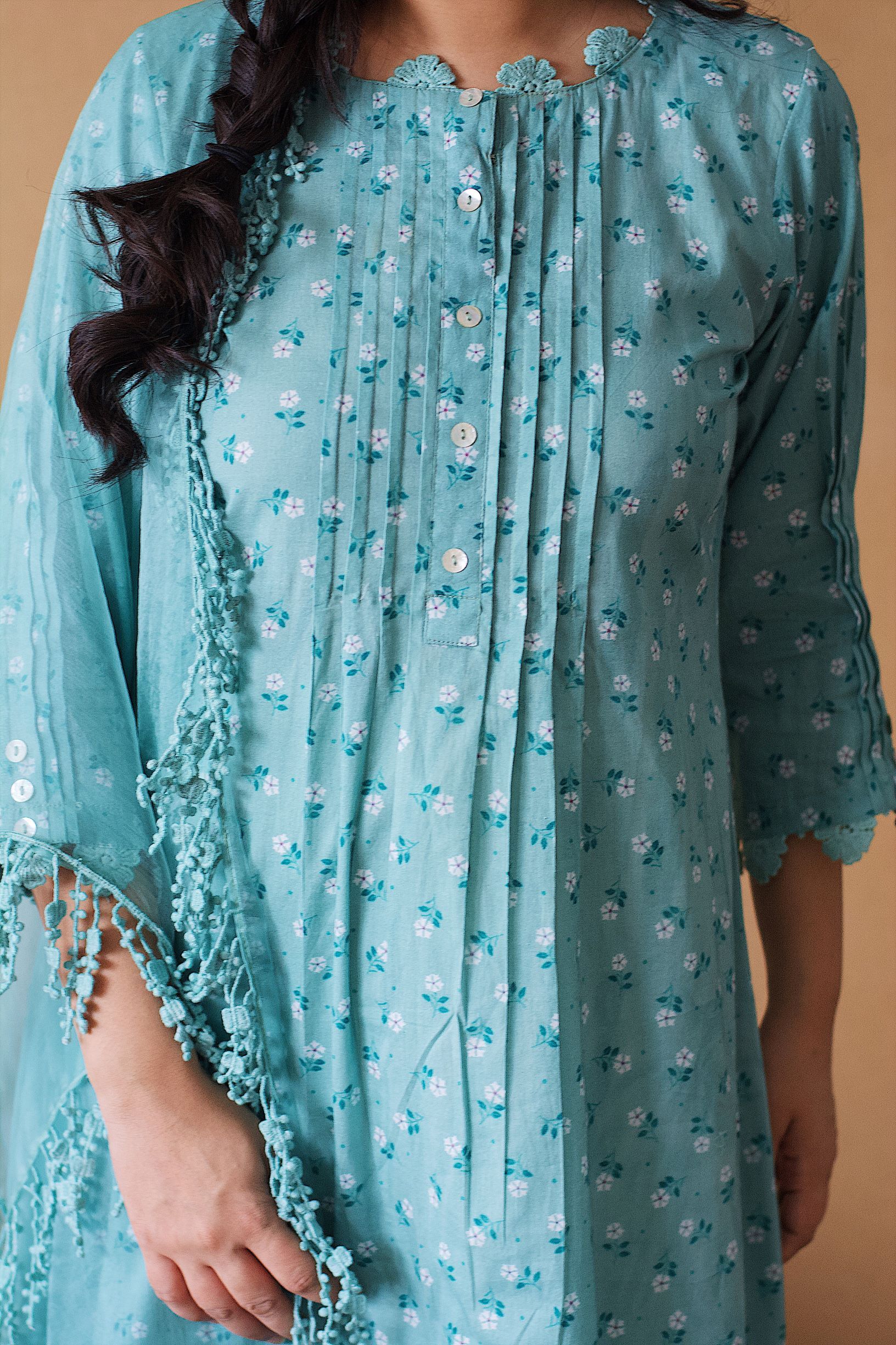 BLUE POPPY ROUNDED KURTA WITH IVORY SCHIFFLI PLAZZO ( WITHOUT DUPATTA) - Naaz By Noor