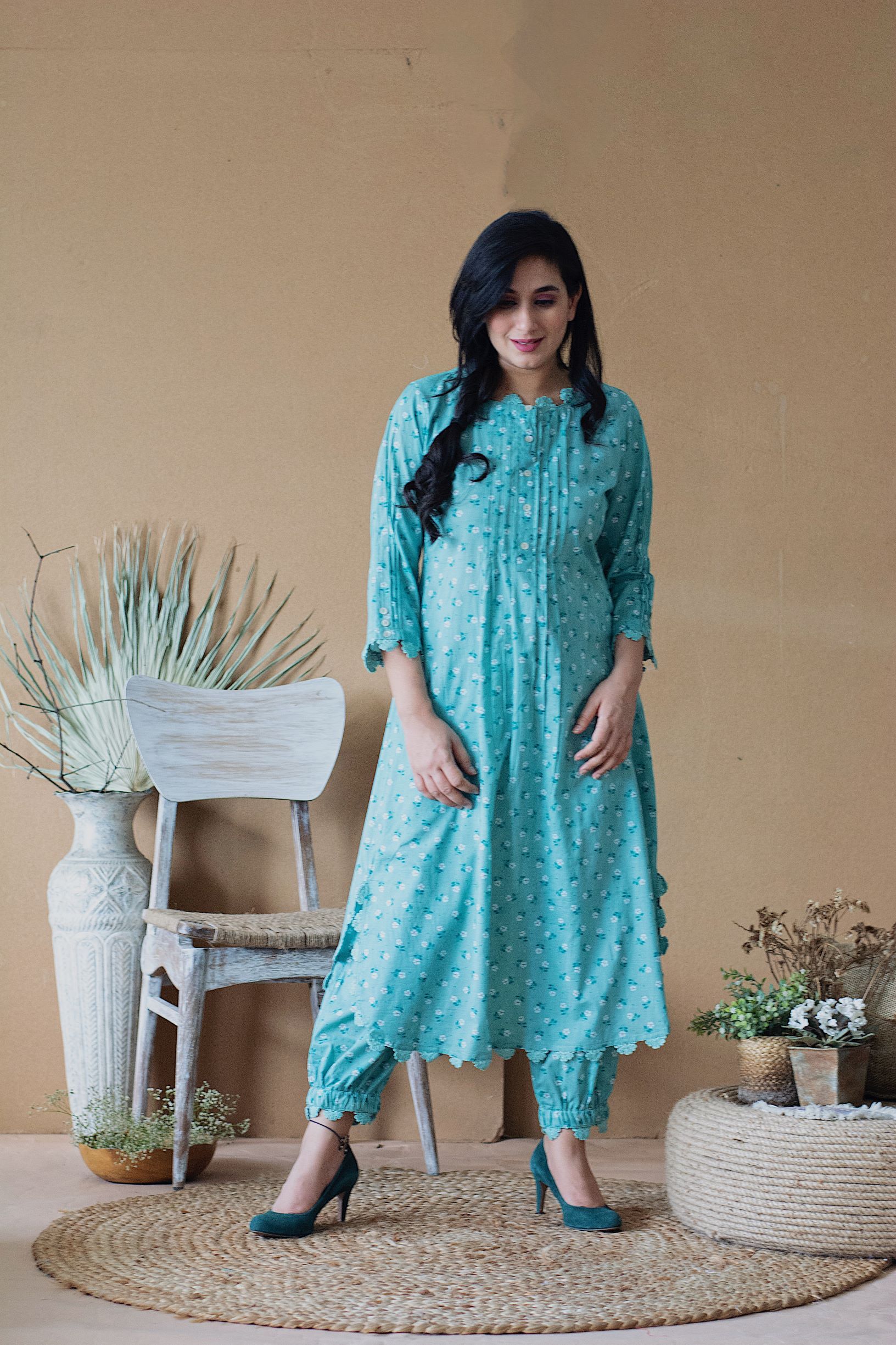 BLUE POPPY ROUNDED KURTA WITH PANTS AND DUPATTA - Naaz By Noor