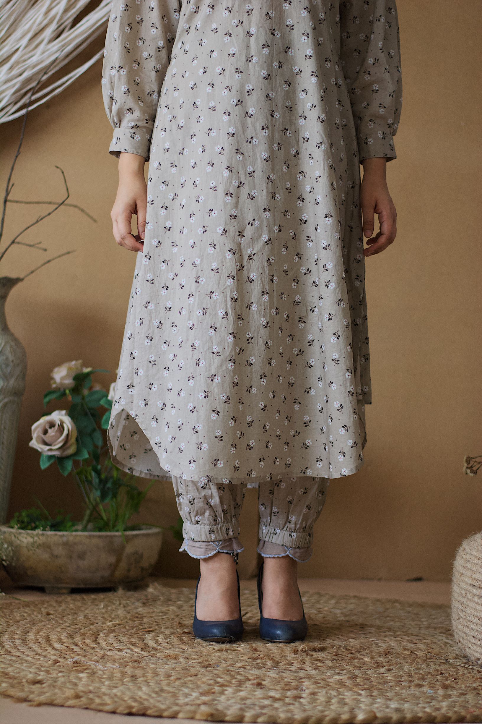 CAPPUCCINO KURTA WITH PRINTED HAREM PANTS - Naaz By Noor