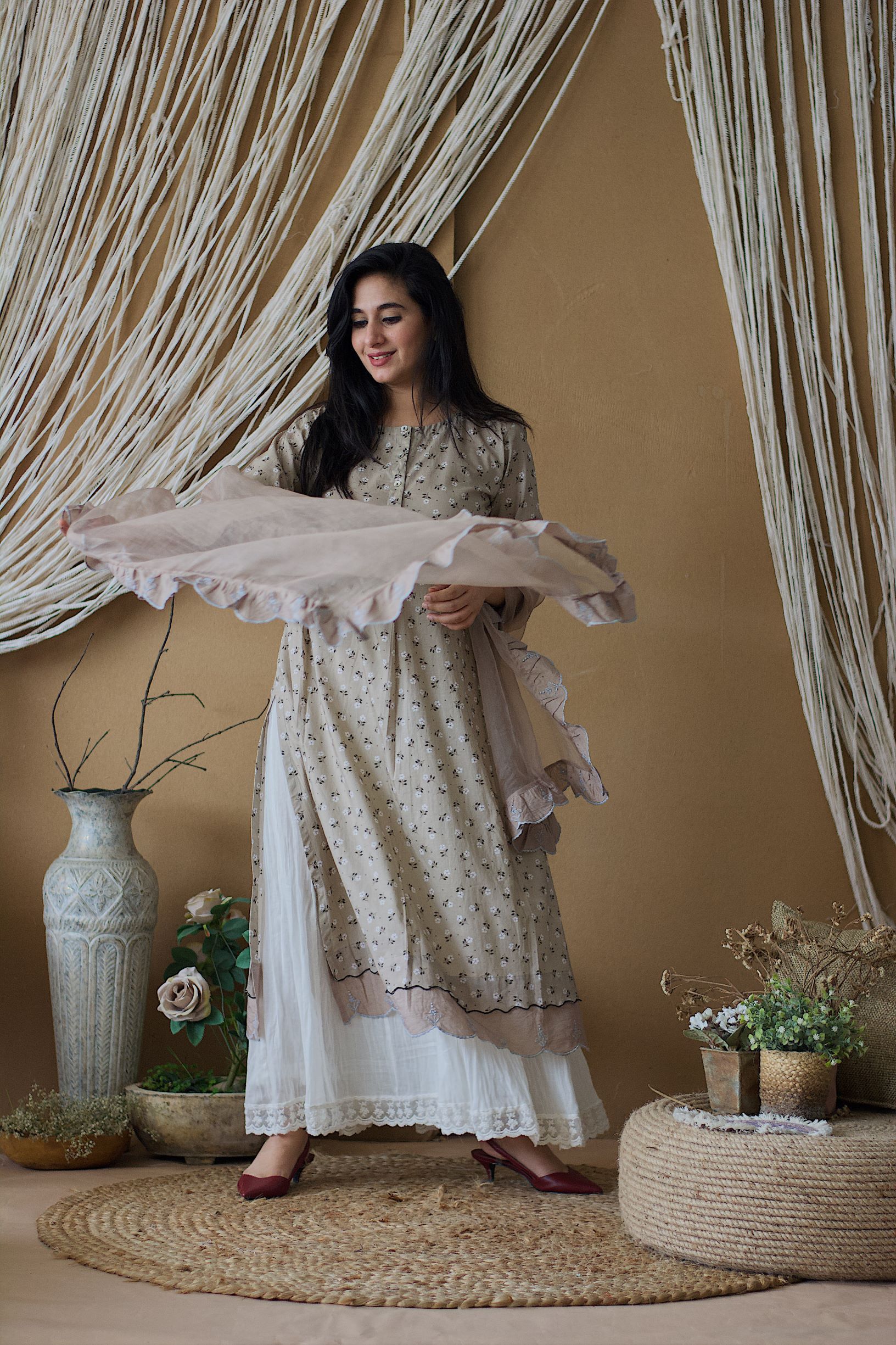 CAPPUCCINO ROSE KURTA WITH CRUSHED SHARARA AND DUPATTA - Naaz By Noor