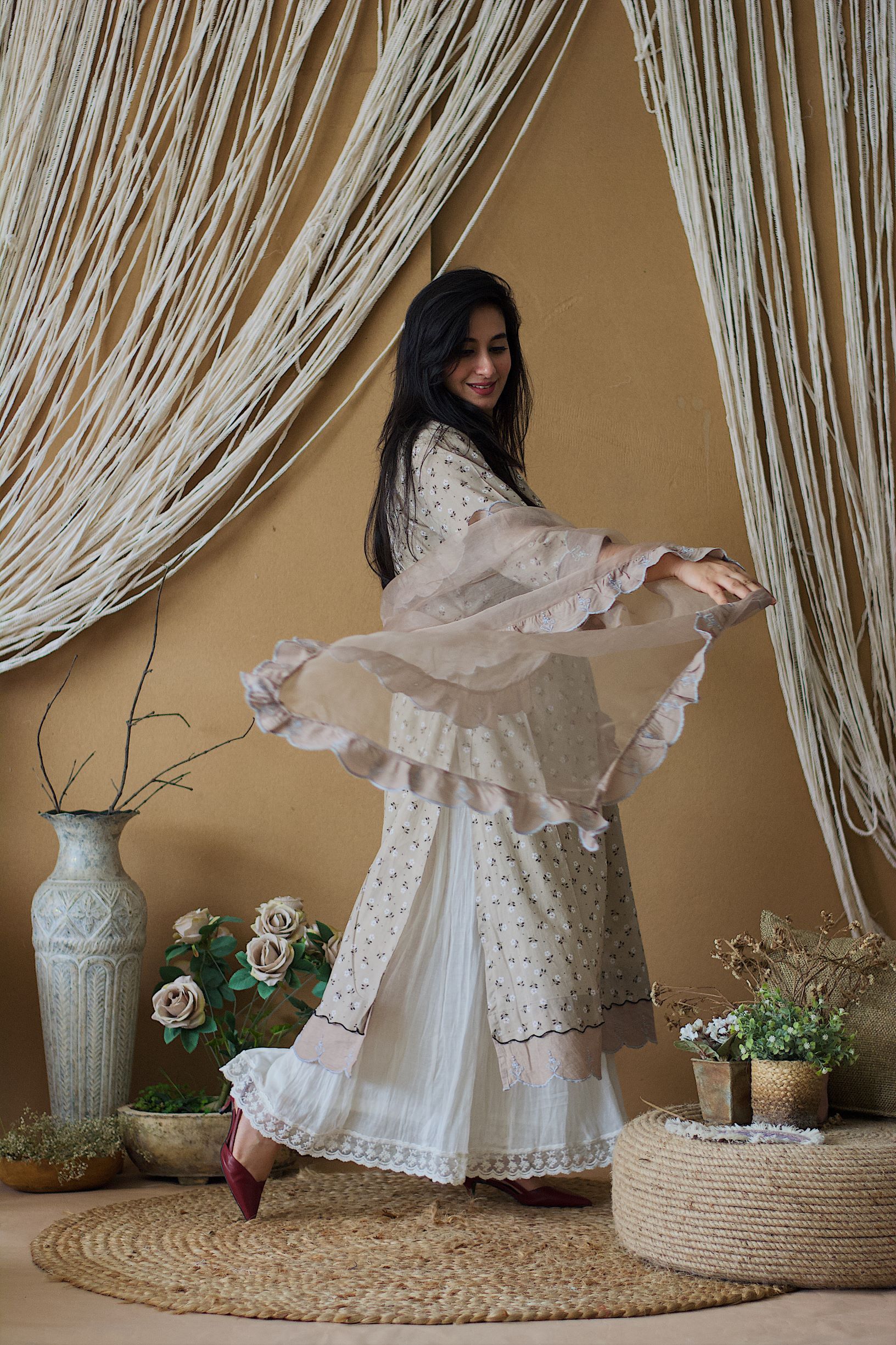 CAPPUCCINO ROSE KURTA WITH CRUSHED SHARARA AND DUPATTA - Naaz By Noor