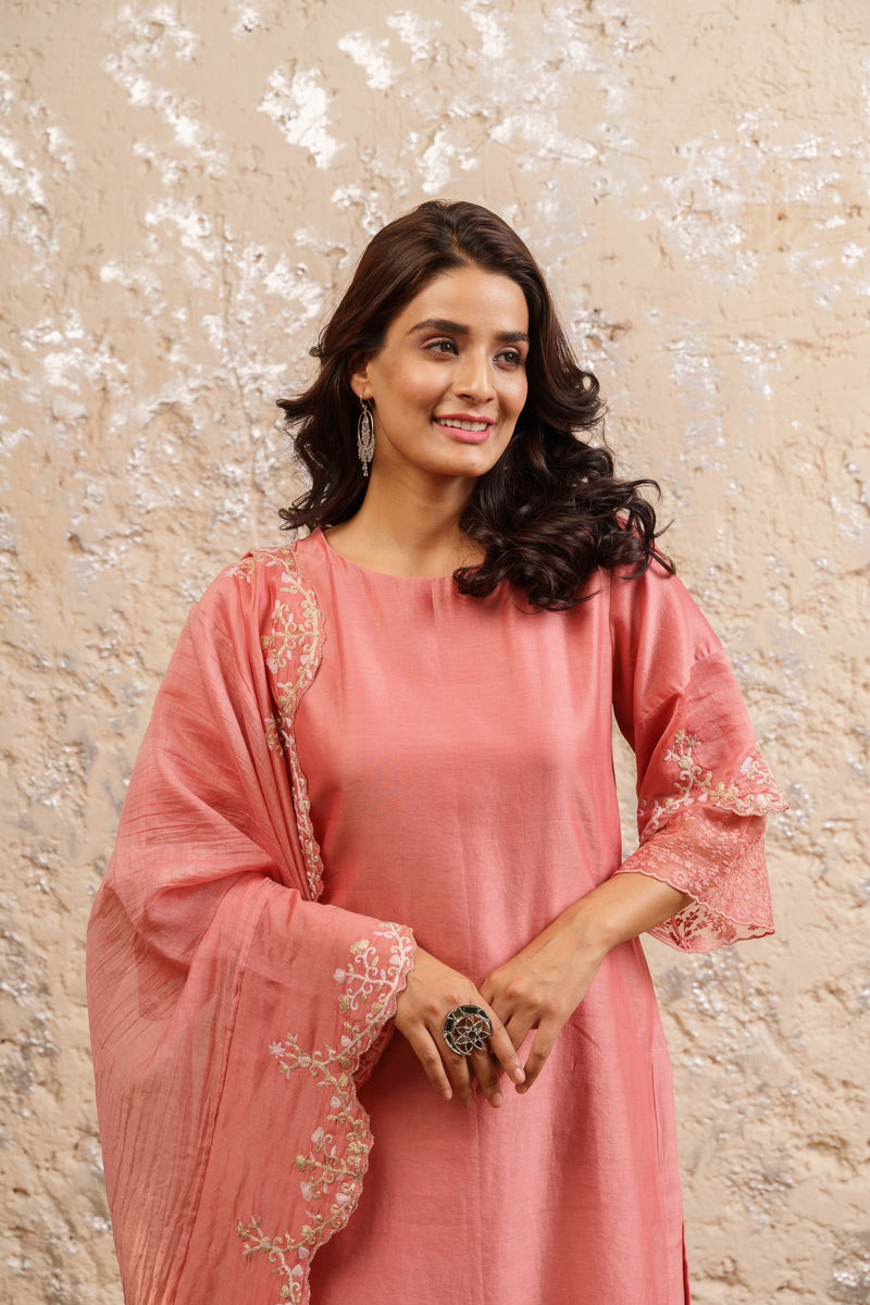 Carnation Pink Kurta With Pants And Dupatta - Naaz By Noor