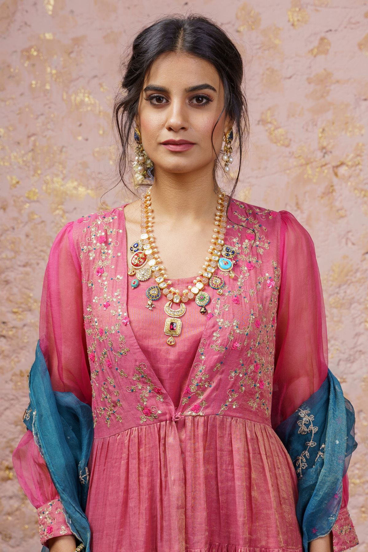 Fuchsia Kurta Set With Bluesteel Dupatta - Naaz By Noor