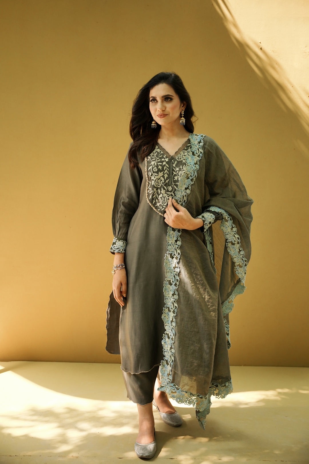goonj(charcoal grey)- set of 3- kurta,pant & dupatta Naaz By Noor
