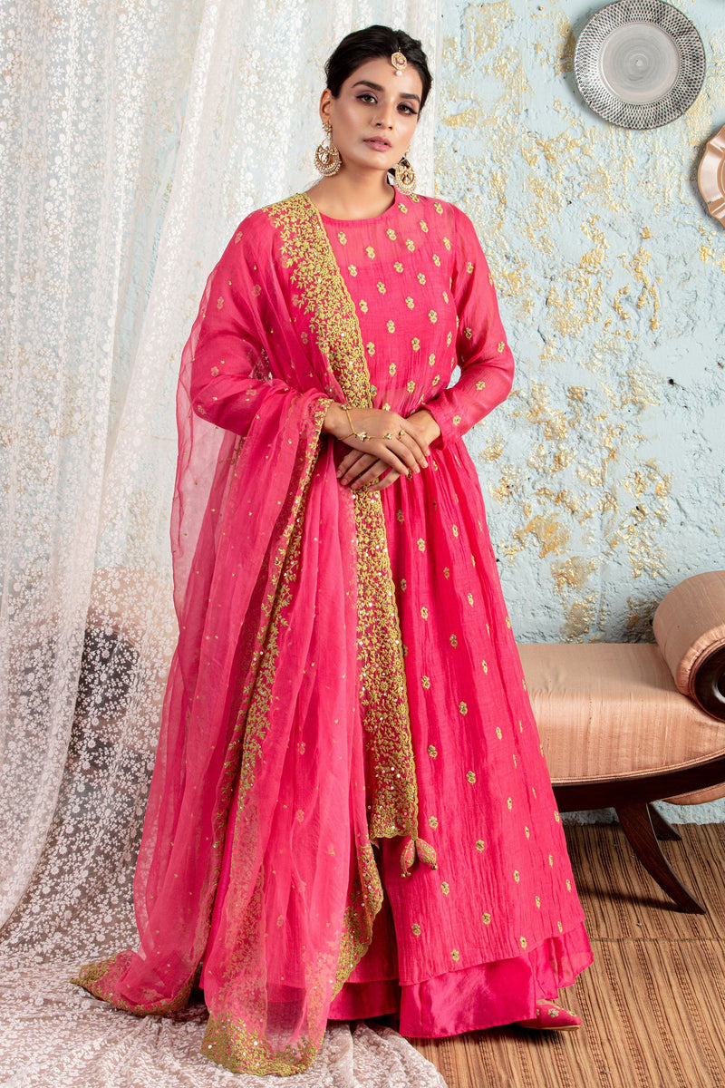 Hot Pink Long Kurta With Sharara And Dupatta - Naaz By Noor
