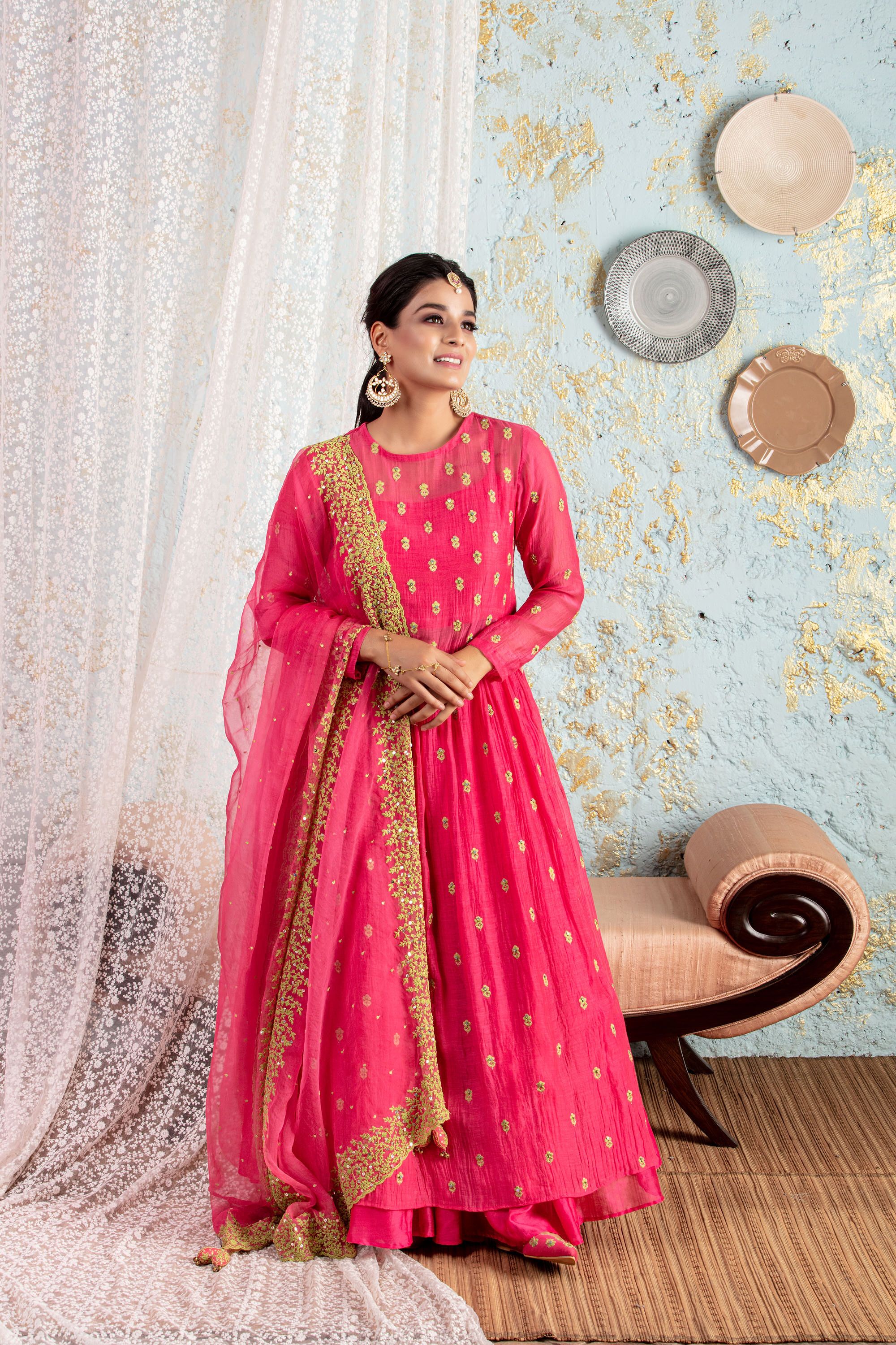 Hot Pink Long Kurta With Sharara And Dupatta - Naaz By Noor