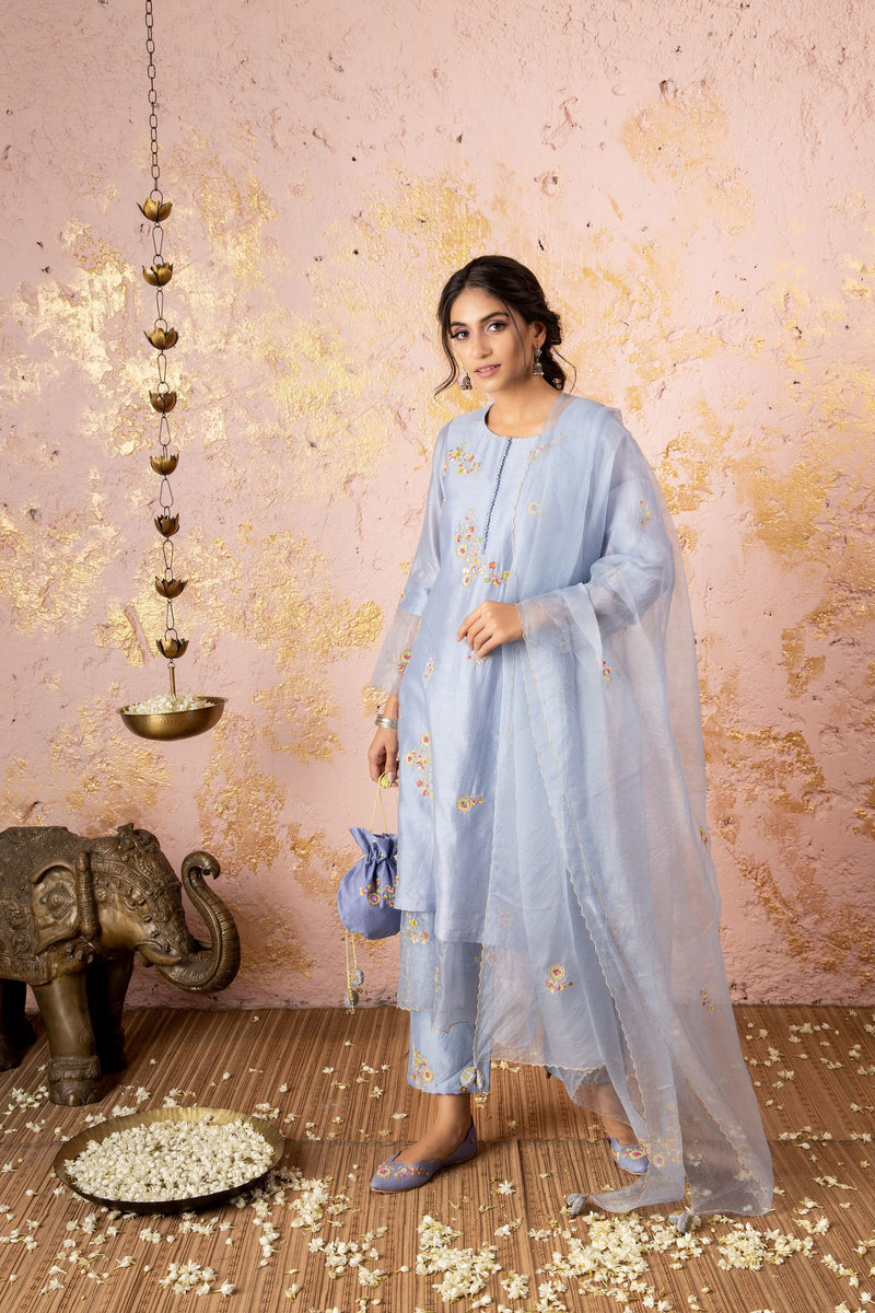 Ice Grey Embroidered KurtaSet With Scalloped Dupatta - Naaz By Noor
