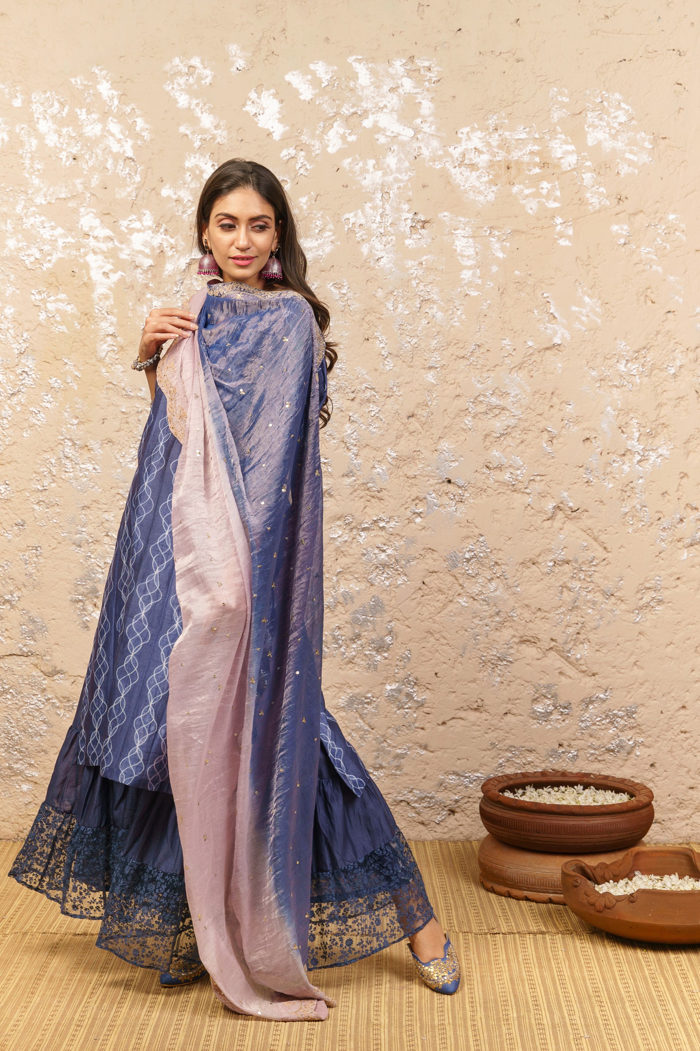 Indigo Kurta With Layered Sharara And Dupatta - Naaz By Noor