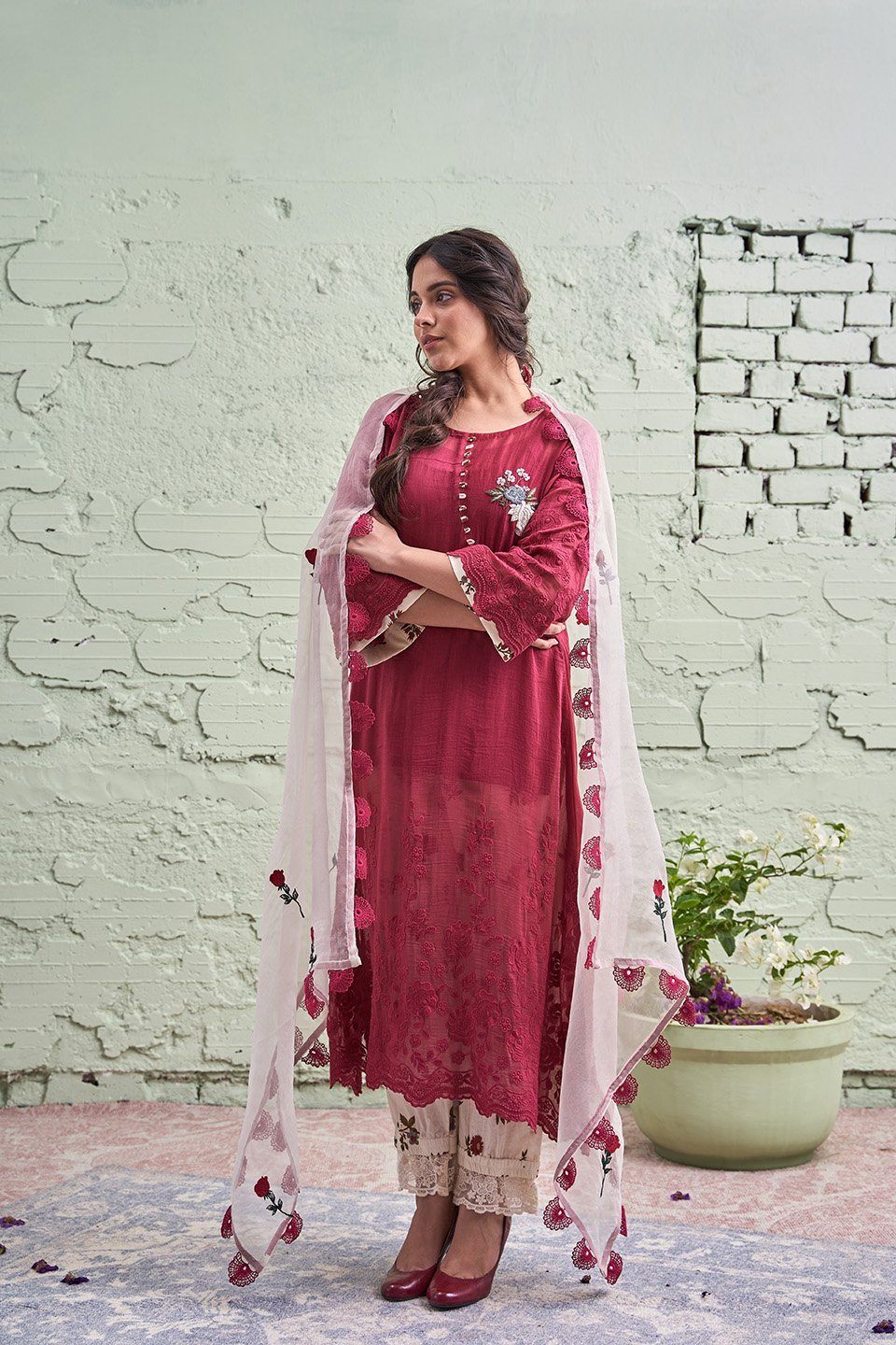 JAMUN ki tokri (gehri laal)- set of 3 - kurta, pant & dupatta Naaz By Noor