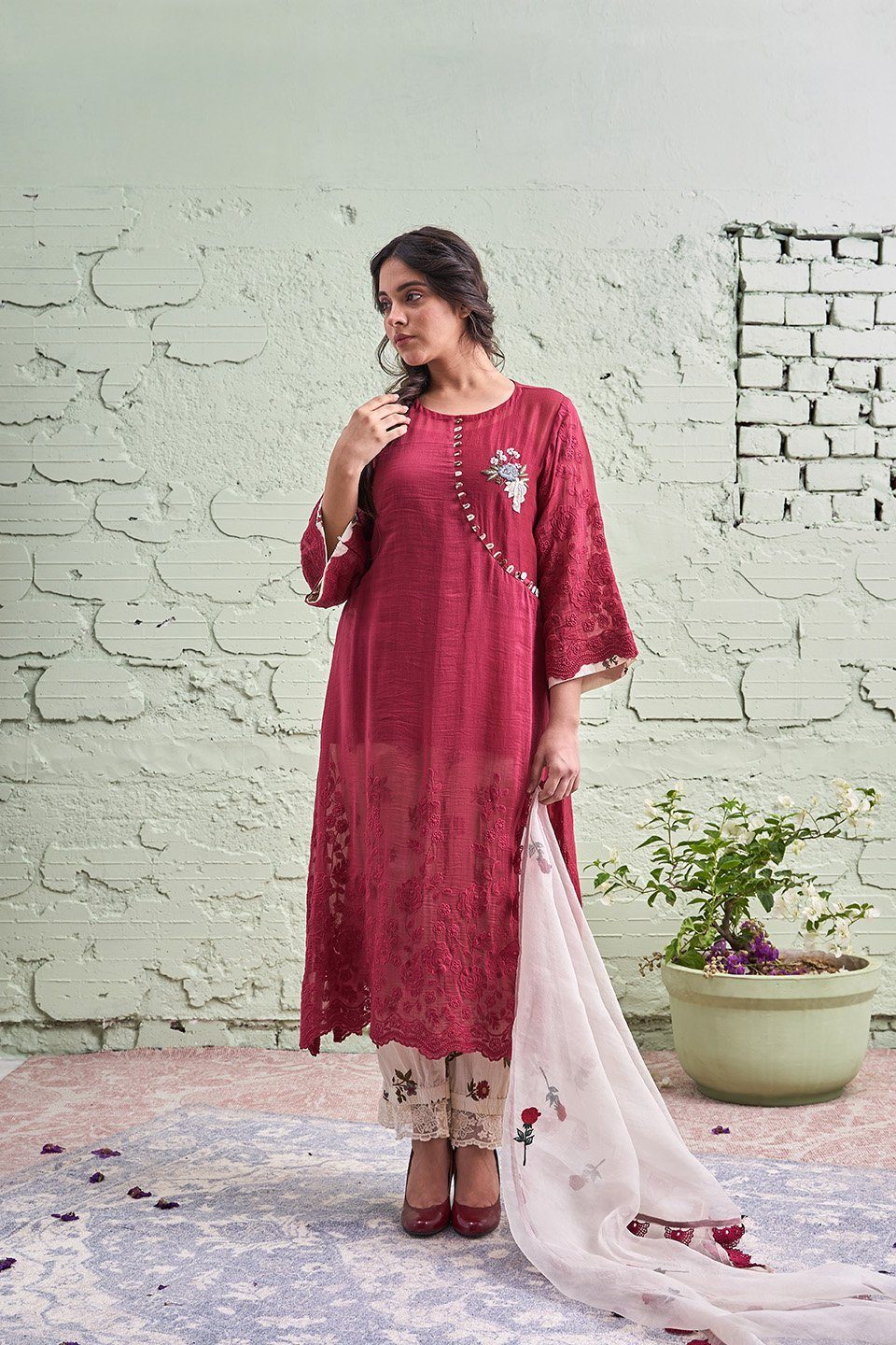 JAMUN ki tokri (gehri laal)- set of 3 - kurta, pant & dupatta Naaz By Noor