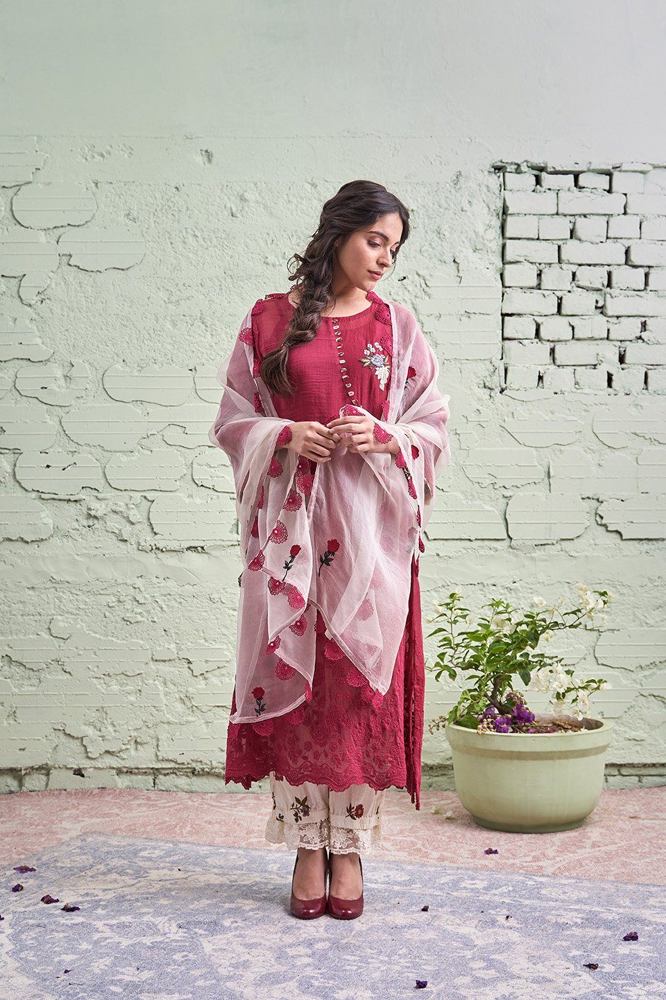 JAMUN ki tokri (gehri laal)- set of 3 - kurta, pant & dupatta Naaz By Noor
