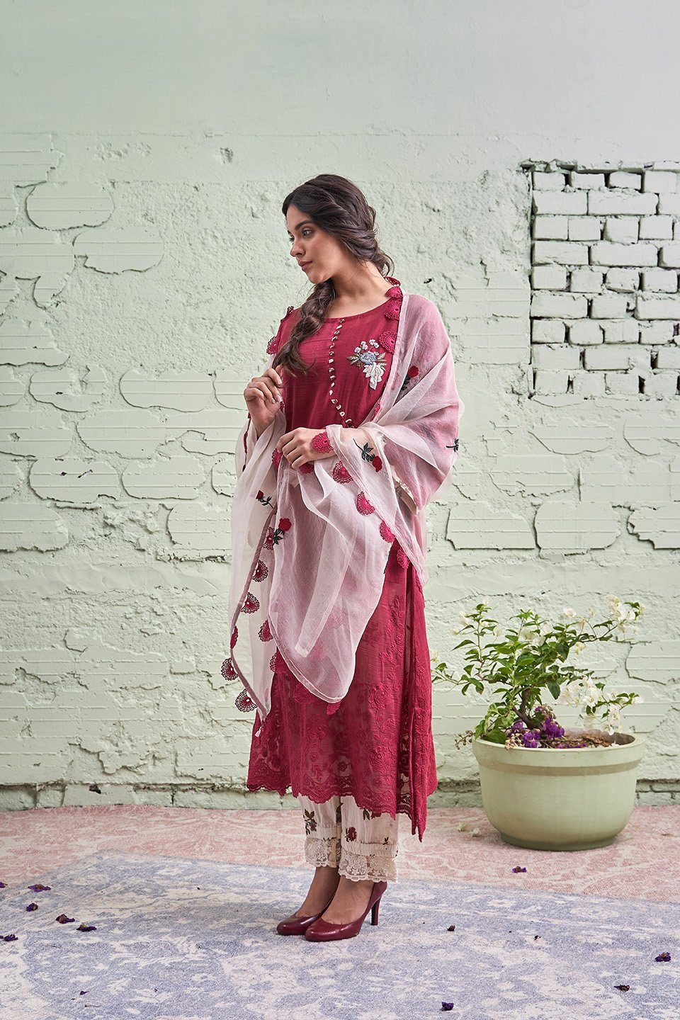 JAMUN ki tokri (gehri laal)- set of 3 - kurta, pant & dupatta Naaz By Noor