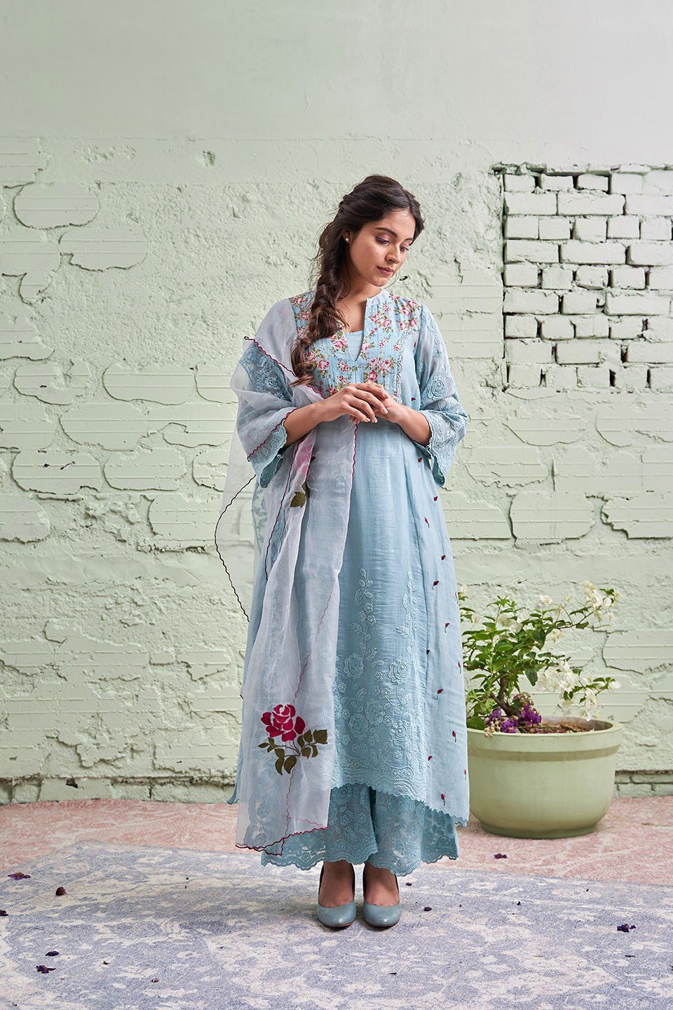 JAMUN ki tokri ( neeli)- set of 2- kurta with embroidered buds & pants Naaz By Noor