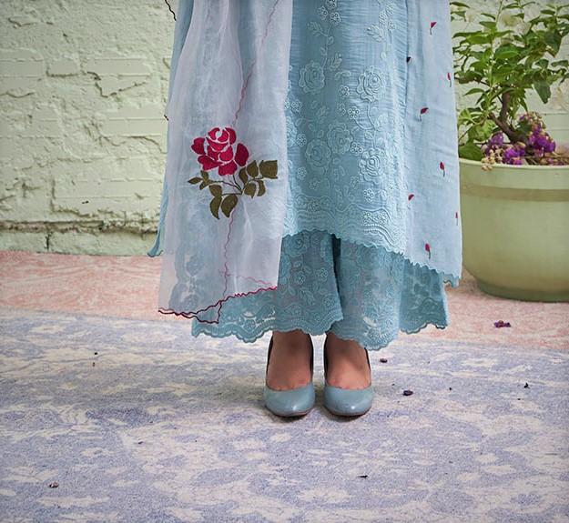 JAMUN ki tokri ( neeli)- set of 2- kurta with embroidered buds & pants Naaz By Noor