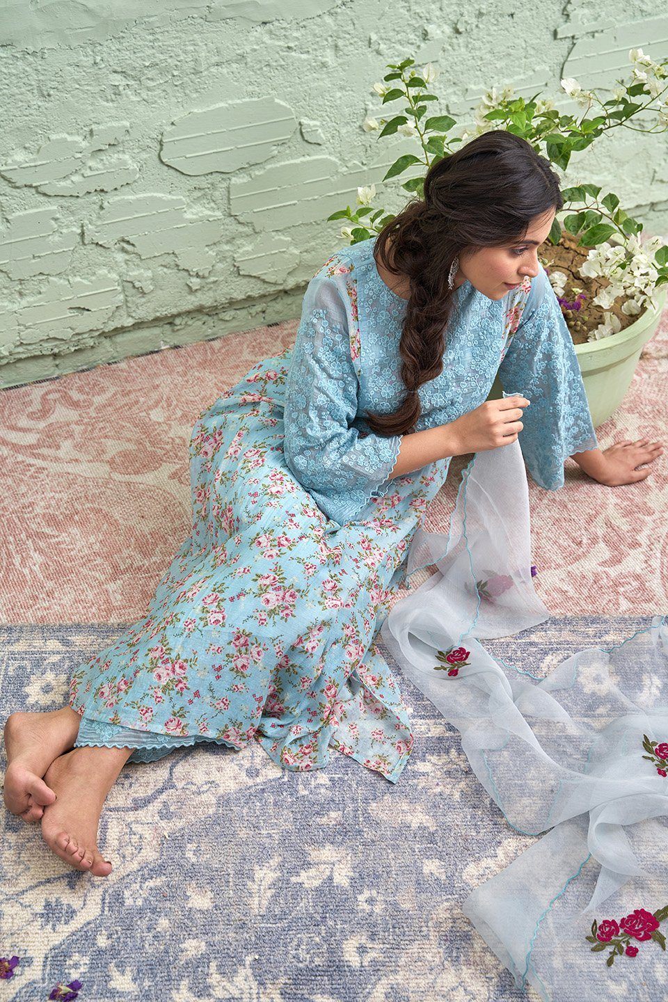 JAMUN ki tokri ( neeli)-set of 2- thread embroidered kurta & pant Naaz By Noor