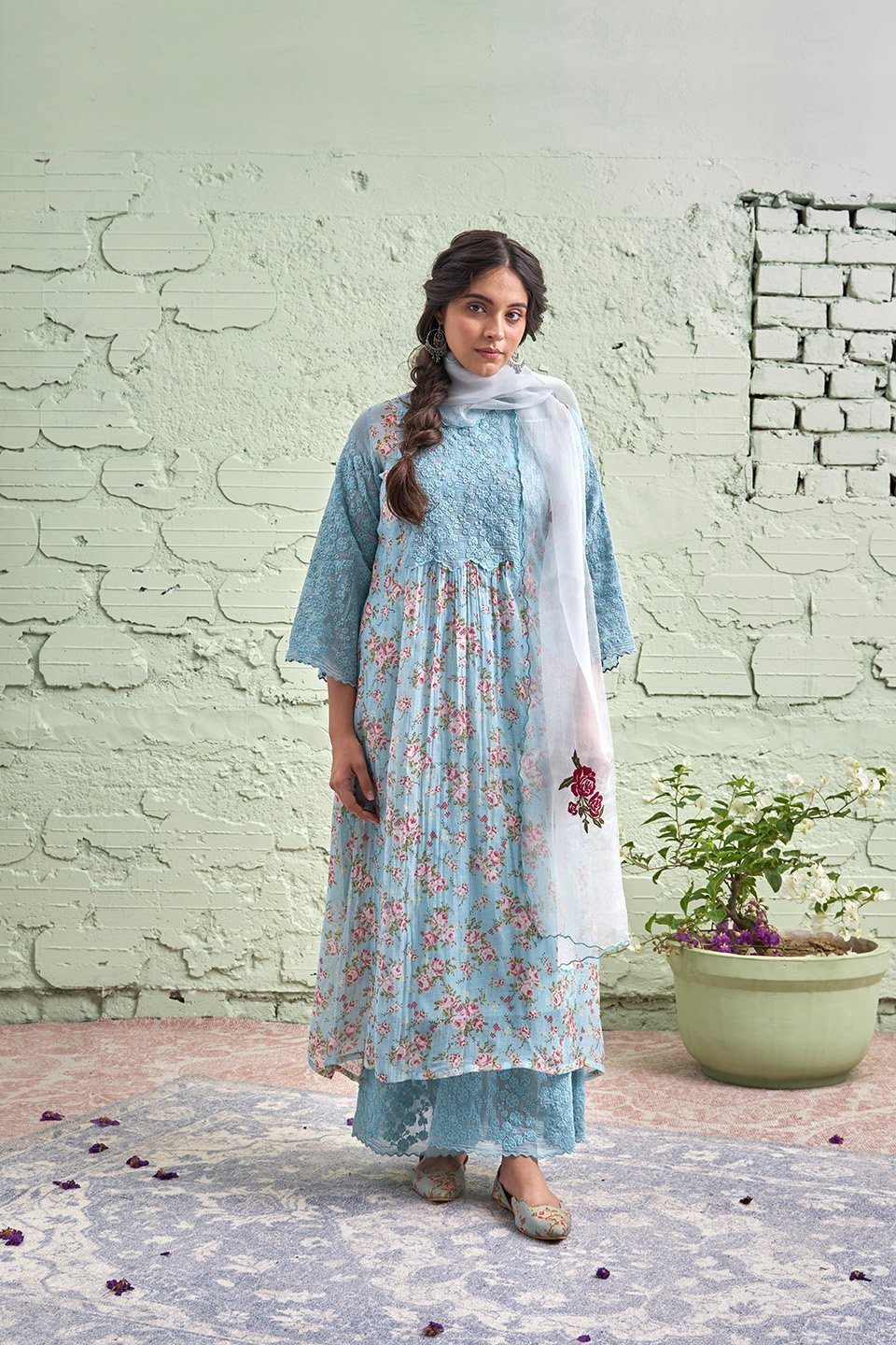 JAMUN ki tokri ( neeli)-set of 2- thread embroidered kurta & pant Naaz By Noor