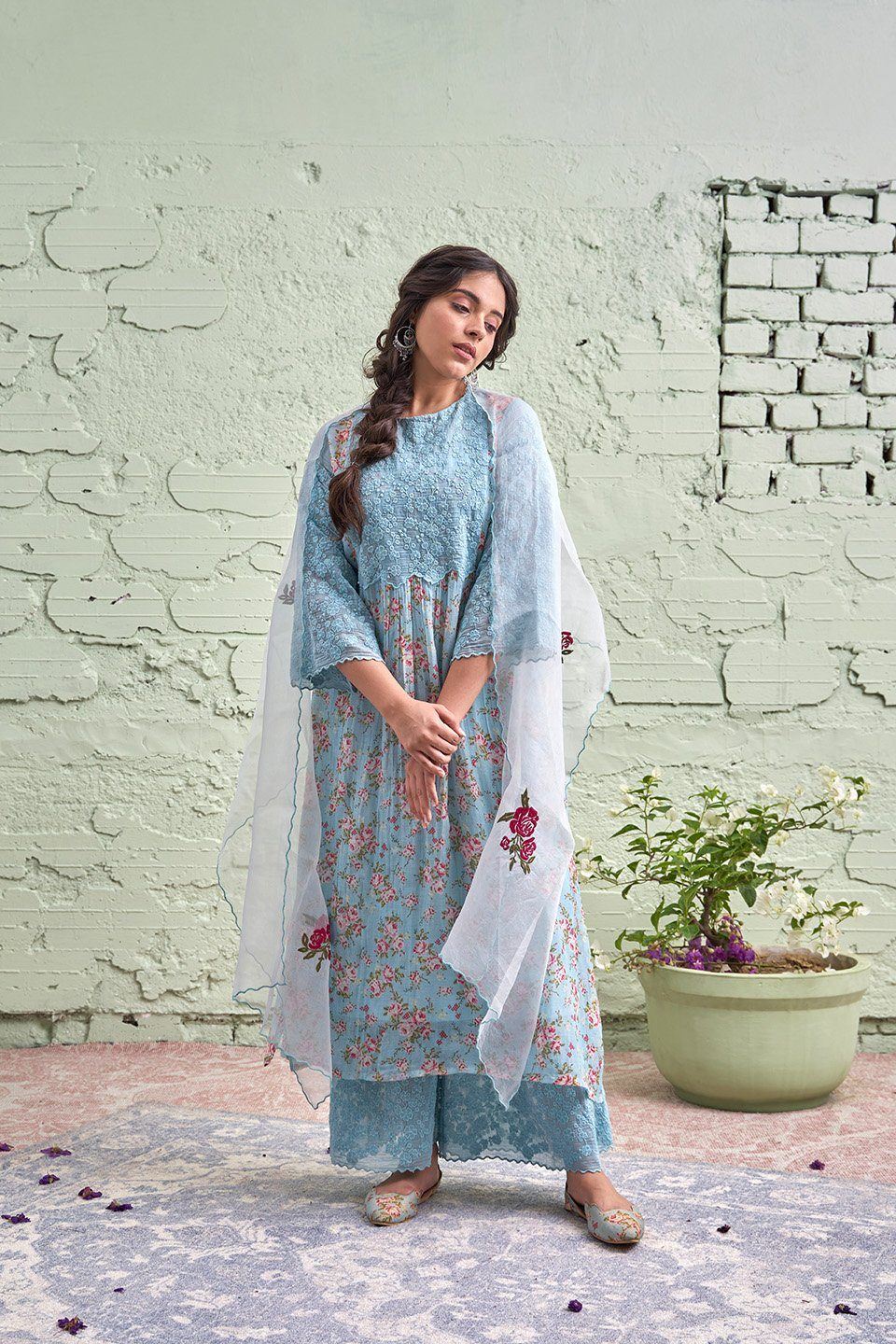 JAMUN ki tokri ( neeli)-set of 2- thread embroidered kurta & pant Naaz By Noor