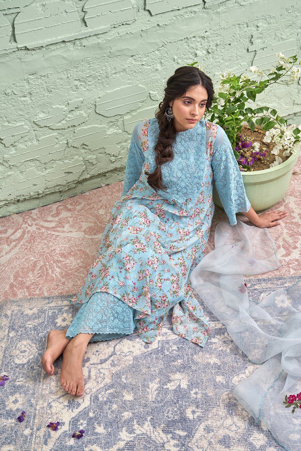 JAMUN ki tokri ( neeli)-set of 2- thread embroidered kurta & pant Naaz By Noor