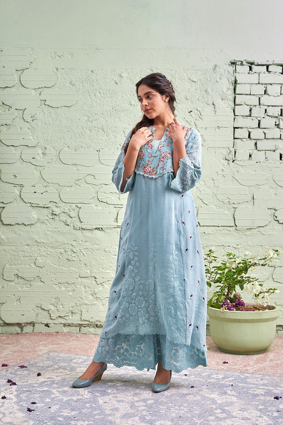 JAMUN ki tokri ( neeli)- set of 3- kurta with embroidered buds, pants & dupatta Naaz By Noor