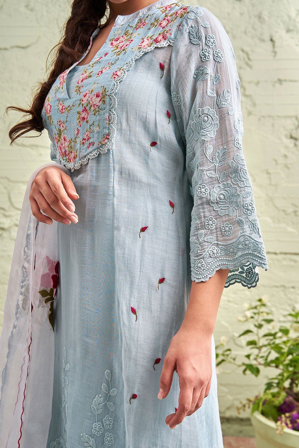 JAMUN ki tokri ( neeli)- set of 3- kurta with embroidered buds, pants & dupatta Naaz By Noor