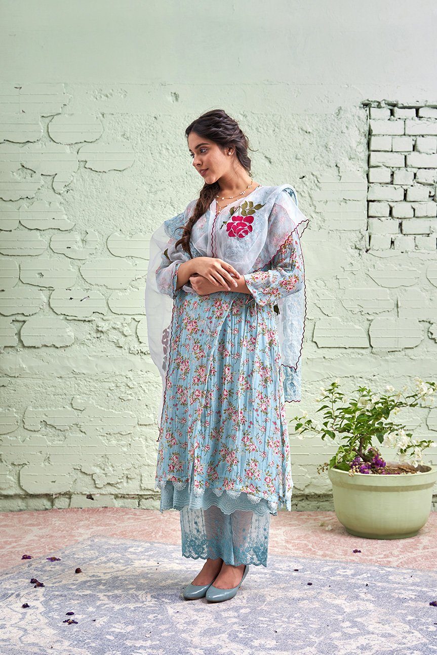 JAMUN ki tokri ( neeli)-set of 3- printed kurta, pant & dupatta Naaz By Noor