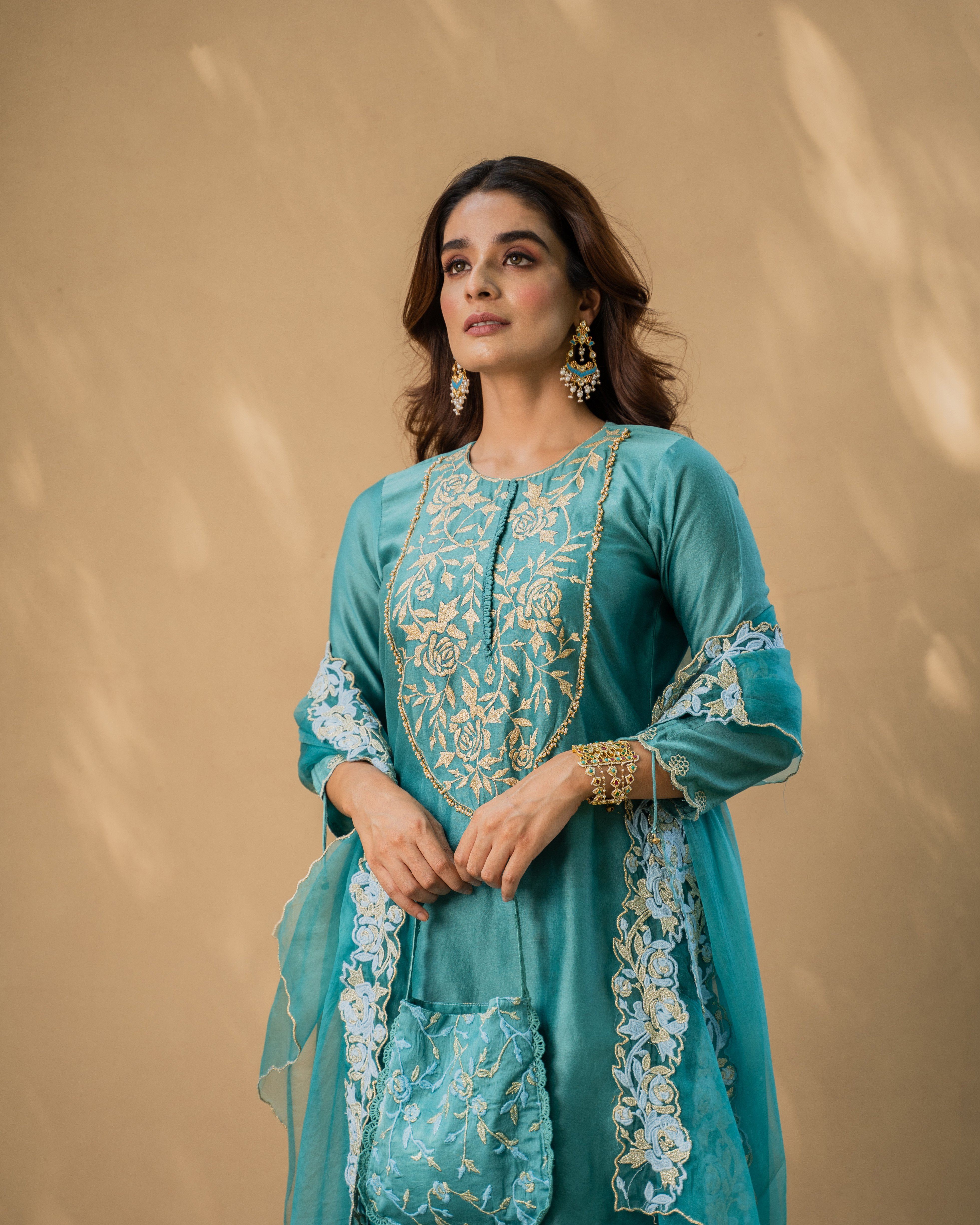 KISHMISH( meetha firoza)- set of 3-kurta,sharara& dupatta Naaz By Noor