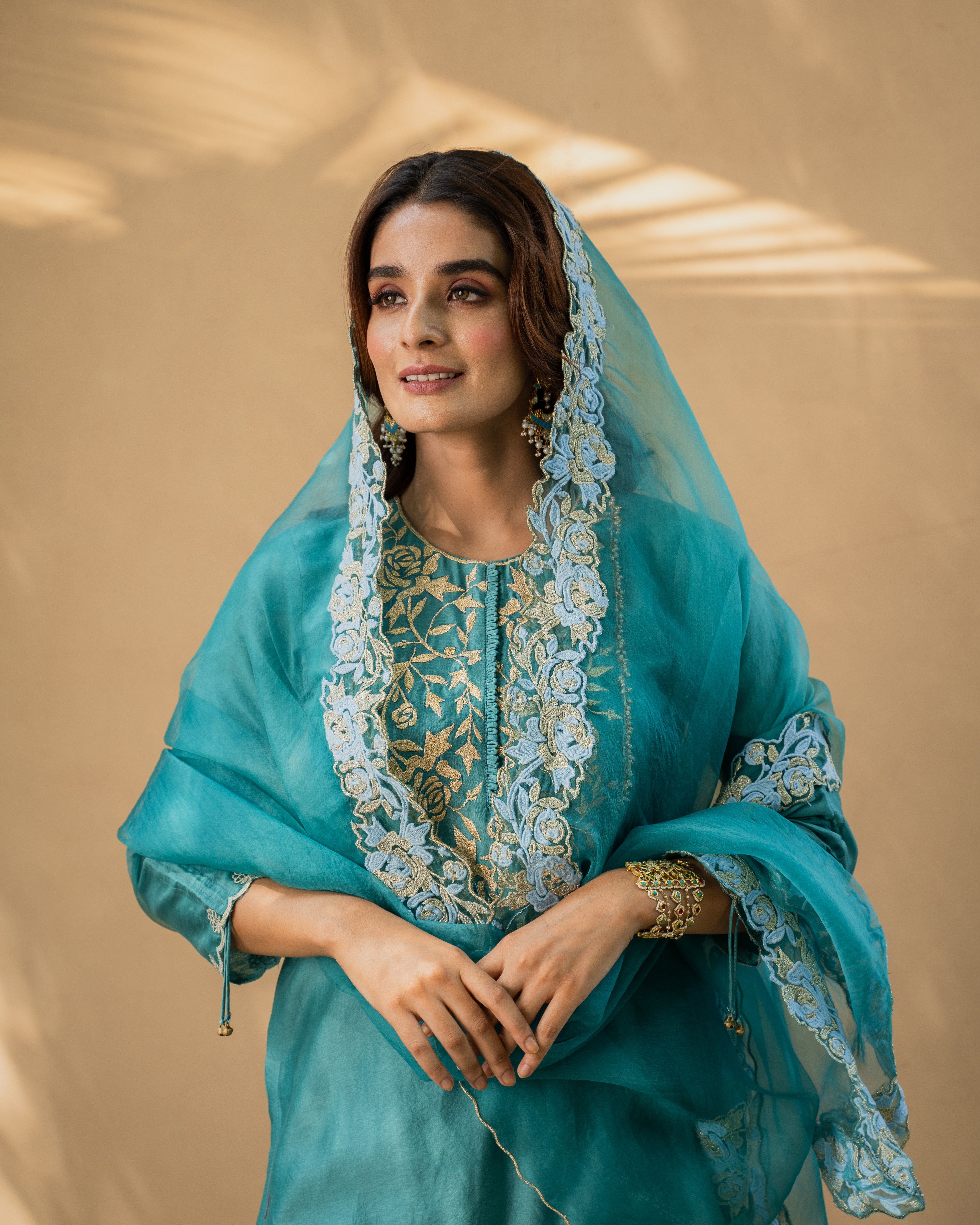 KISHMISH( meetha firoza)- set of 3-kurta,sharara& dupatta Naaz By Noor