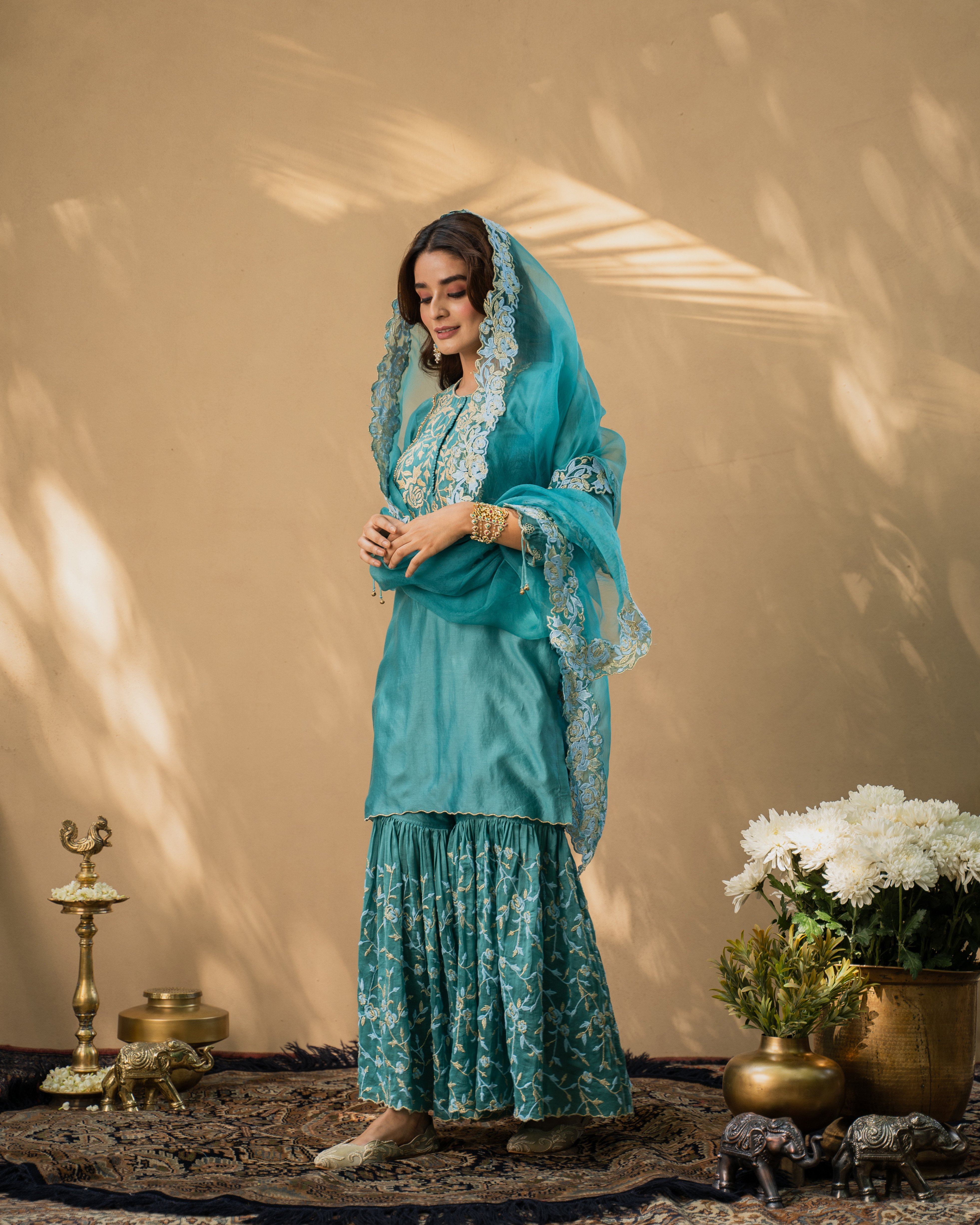 KISHMISH( meetha firoza)- set of 3-kurta,sharara& dupatta Naaz By Noor
