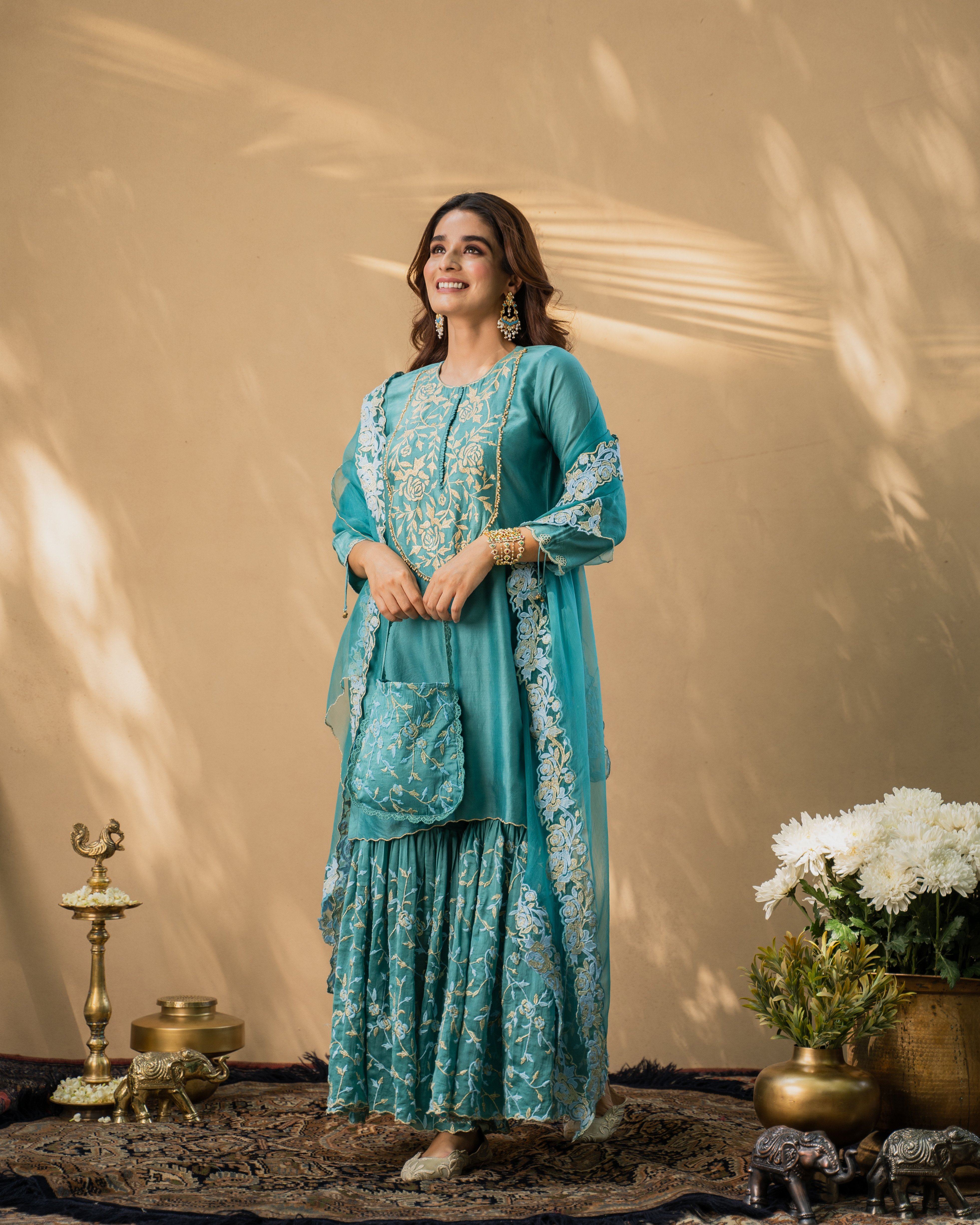 KISHMISH( meetha firoza)- set of 3-kurta,sharara& dupatta Naaz By Noor
