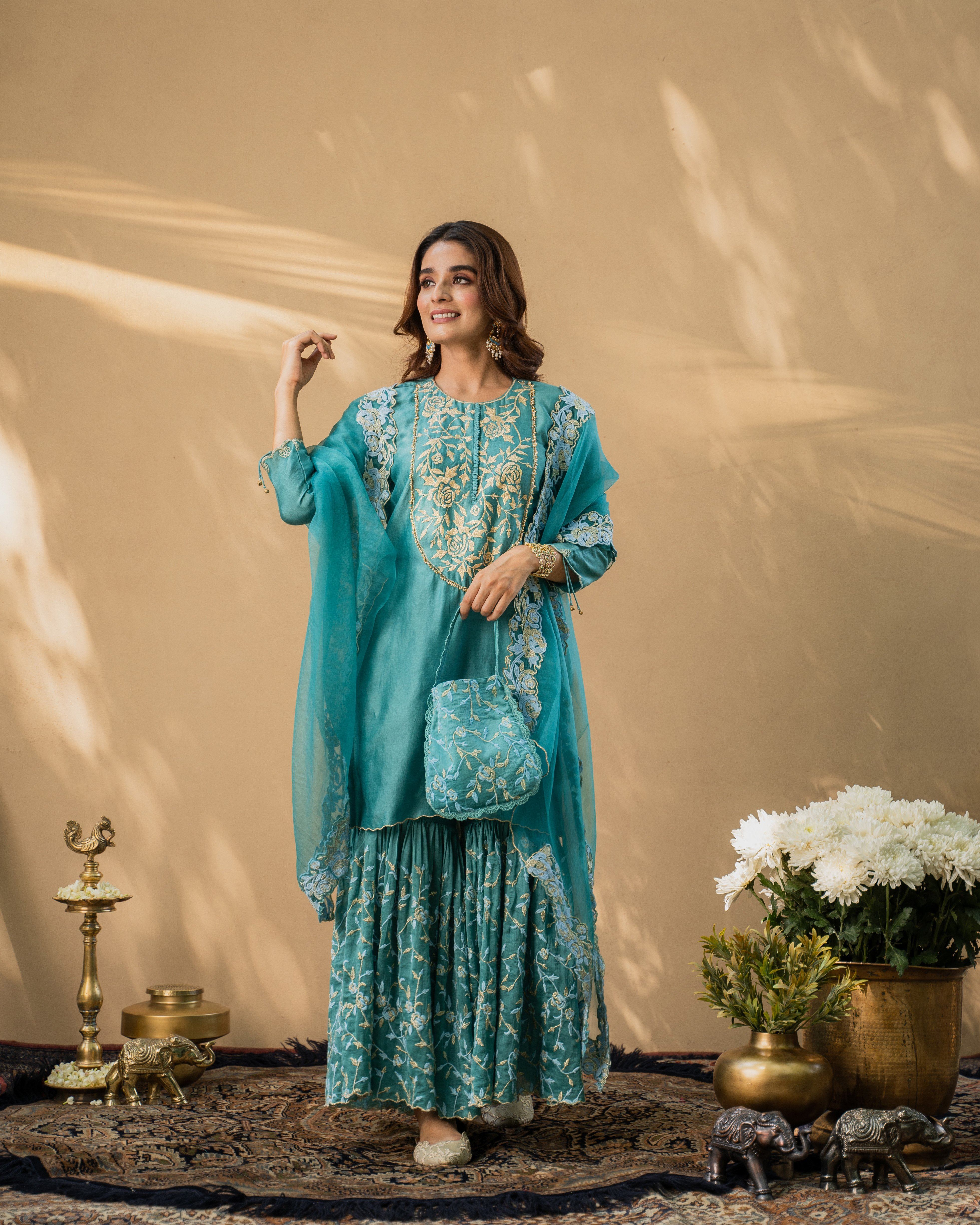 KISHMISH( meetha firoza)- set of 3-kurta,sharara& dupatta Naaz By Noor