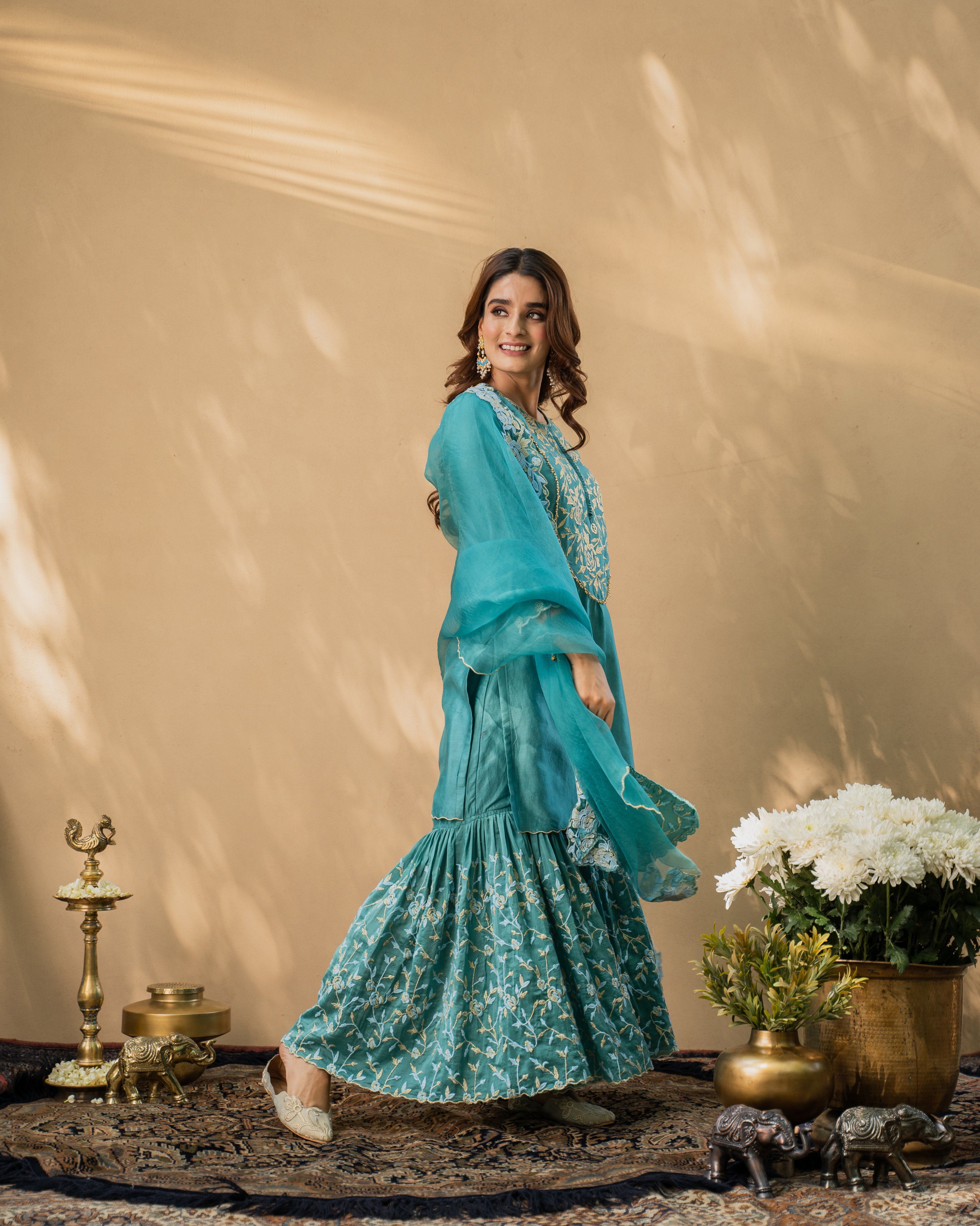 KISHMISH( meetha firoza)- set of 3-kurta,sharara& dupatta Naaz By Noor