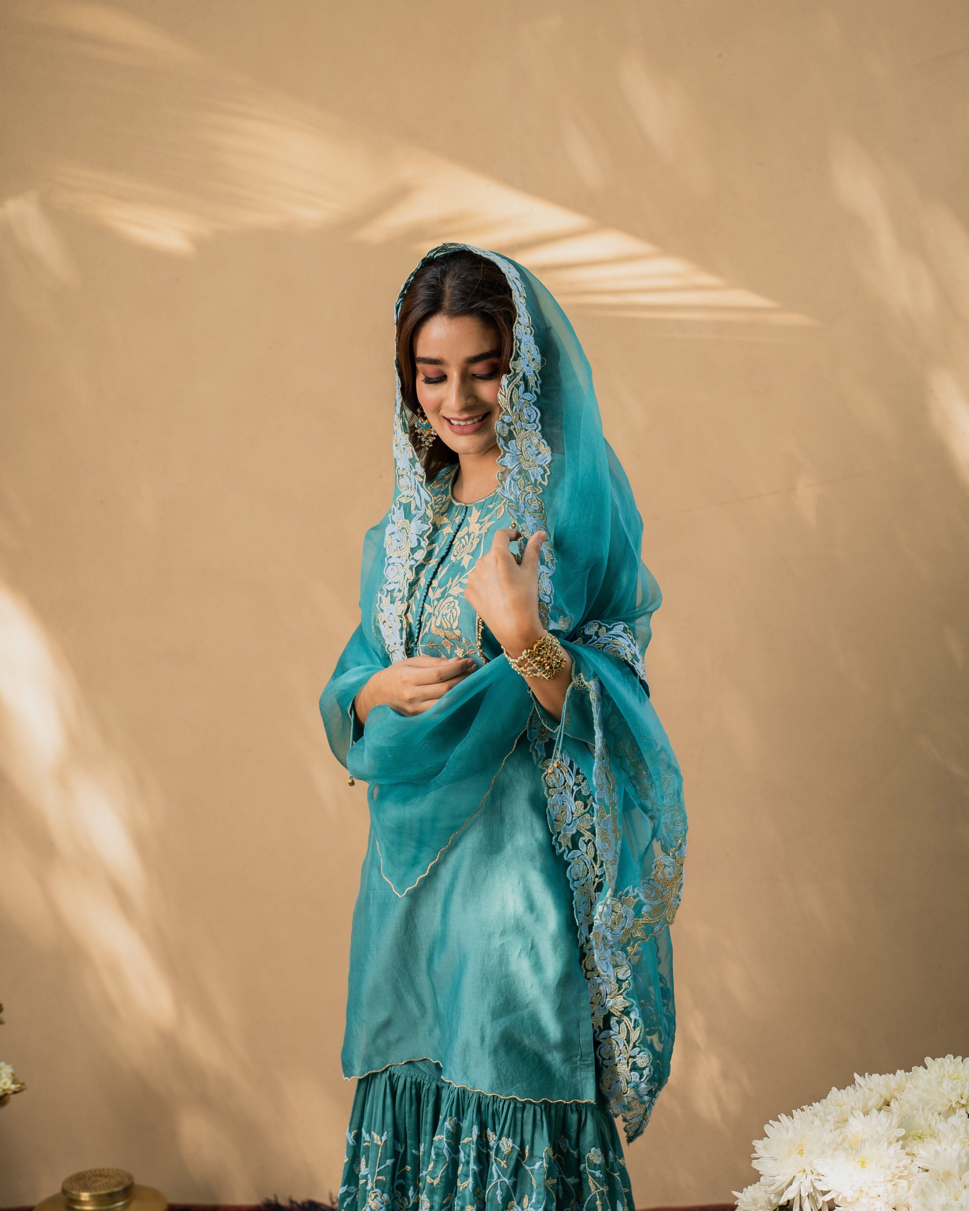 KISHMISH( meetha firoza)- set of 3-kurta,sharara& dupatta Naaz By Noor