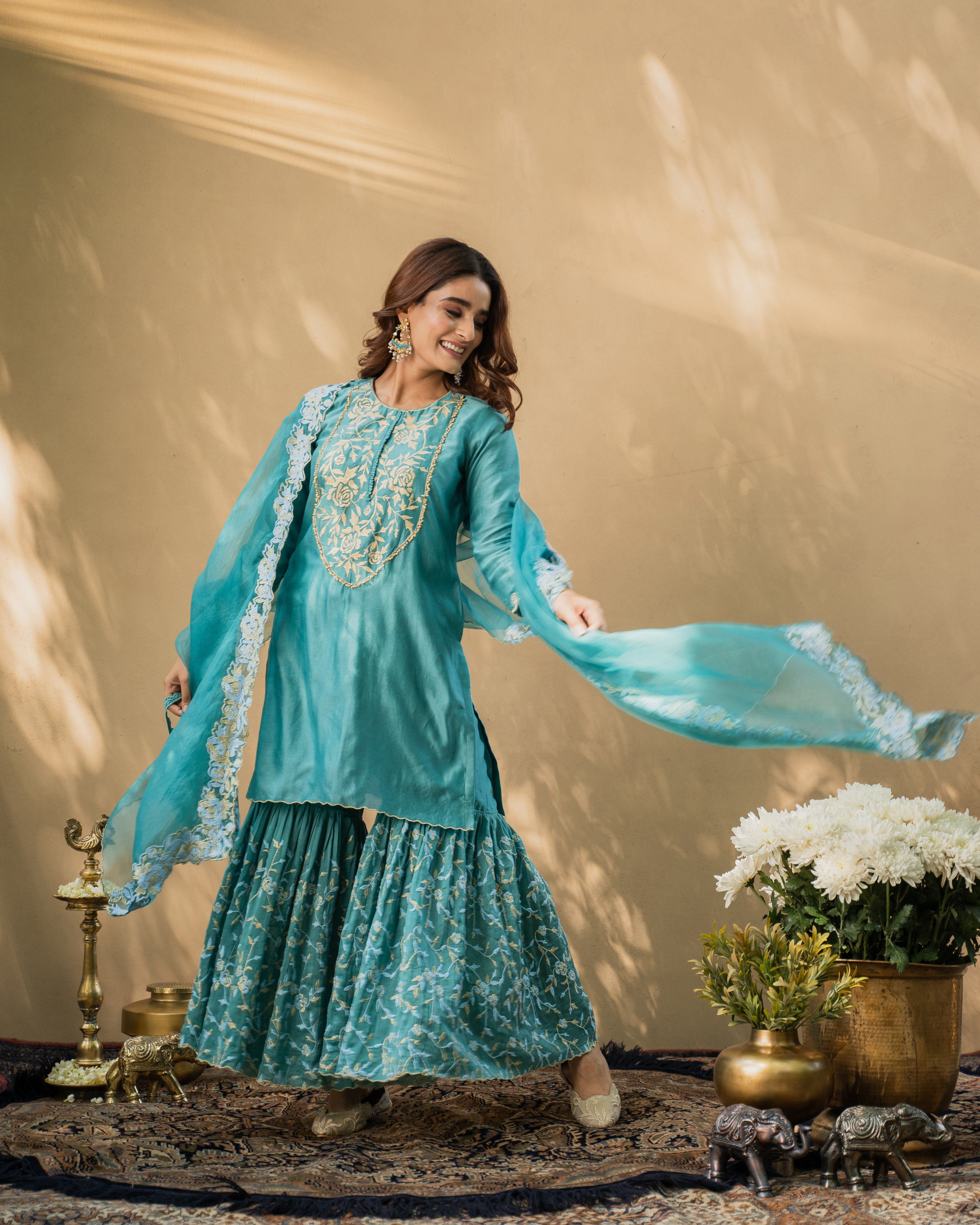 KISHMISH( meetha firoza)- set of 3-kurta,sharara& dupatta Naaz By Noor