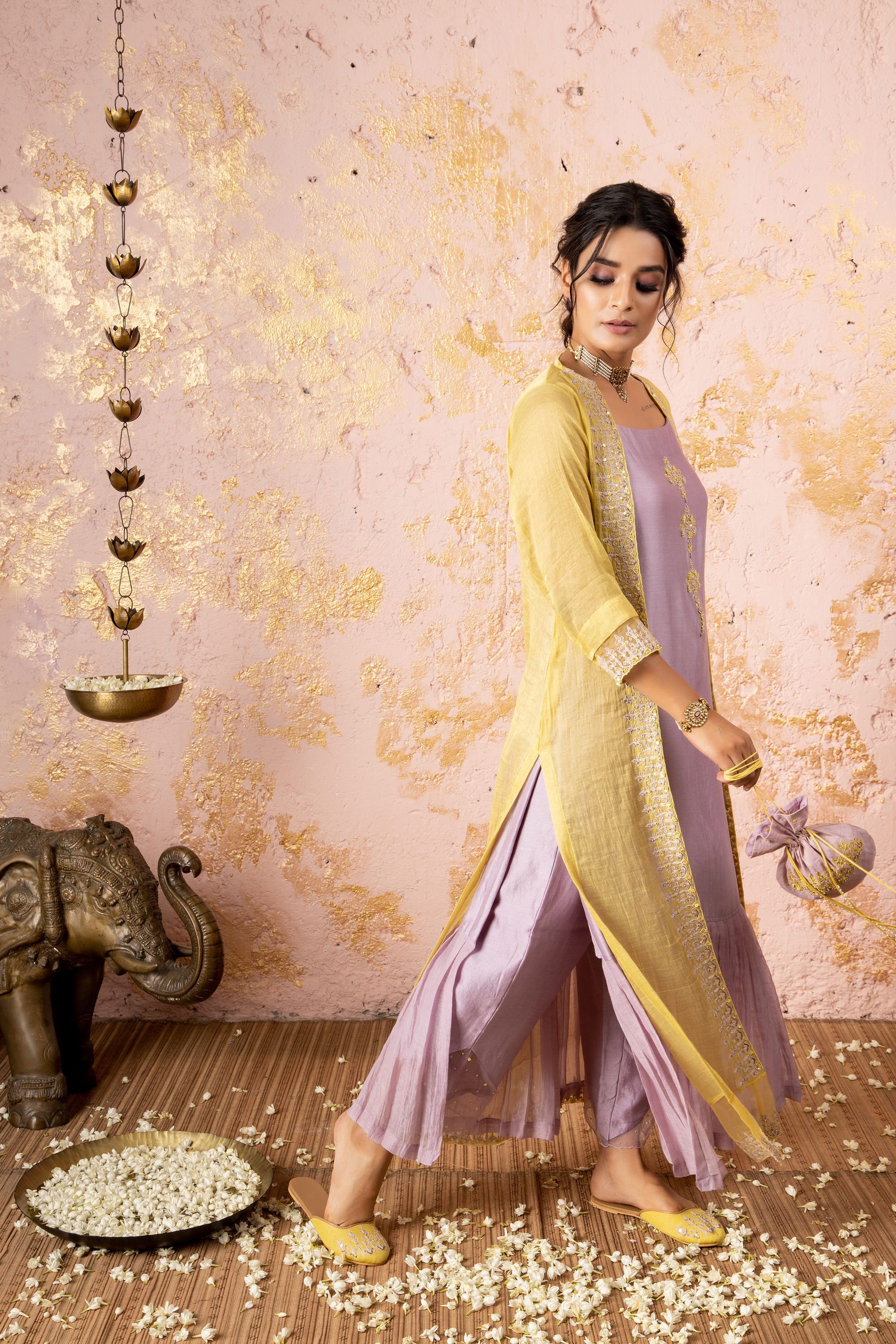 Lavender Tunic With Yellow Cape - Naaz By Noor