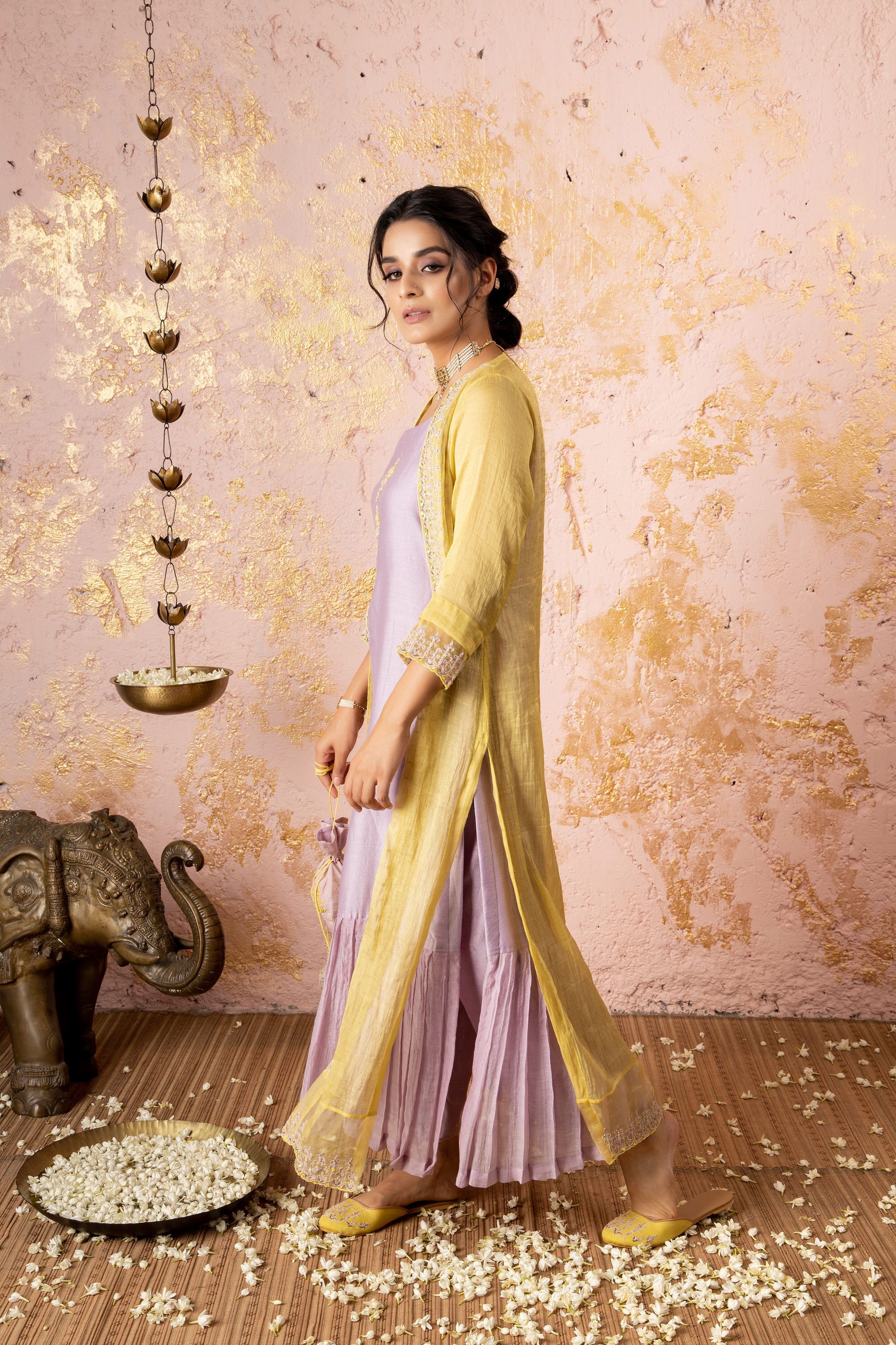 Lavender Tunic With Yellow Cape - Naaz By Noor