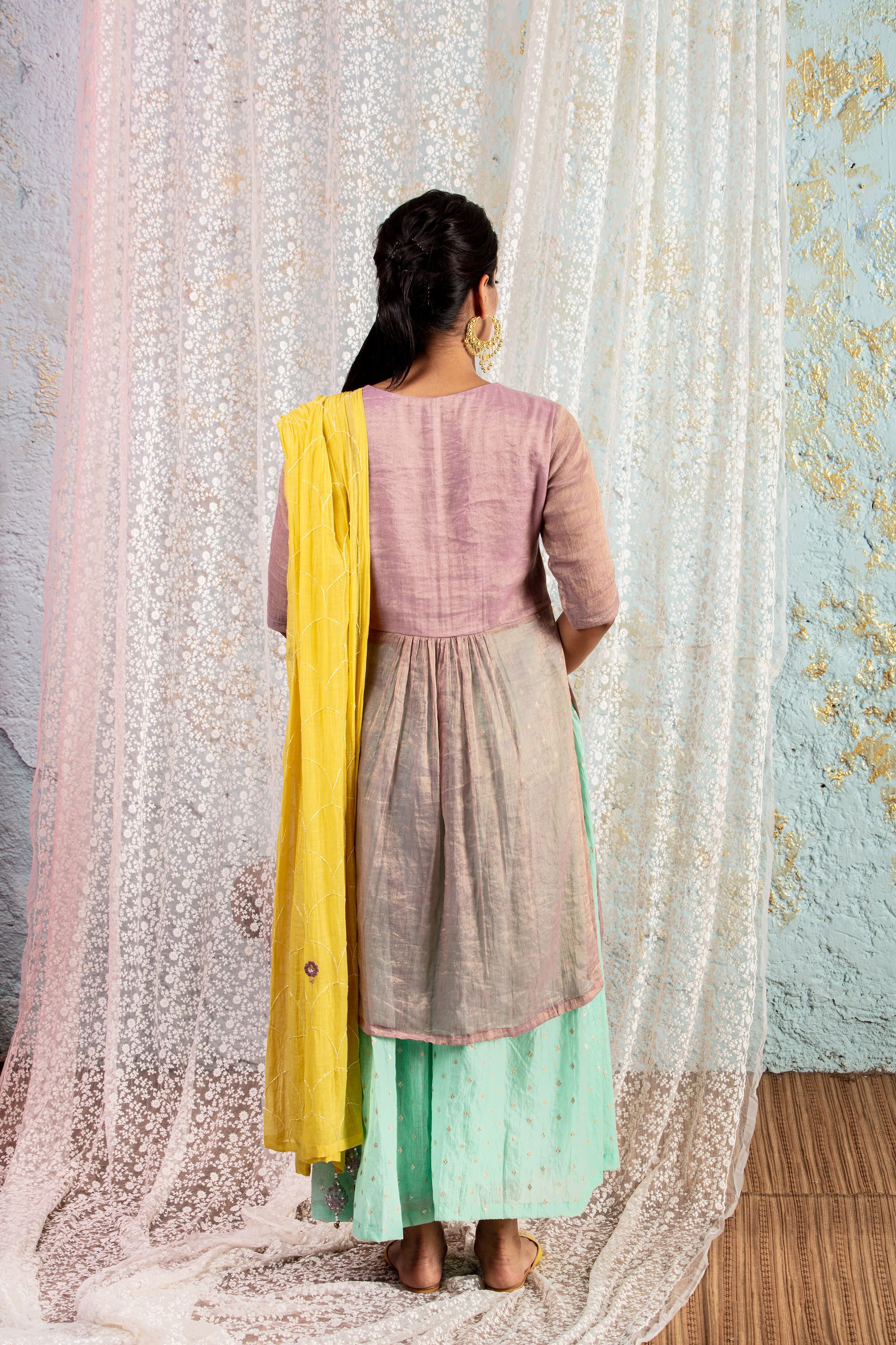 Lilac Kurta with mint sharara and yellow dupatta - Naaz By Noor
