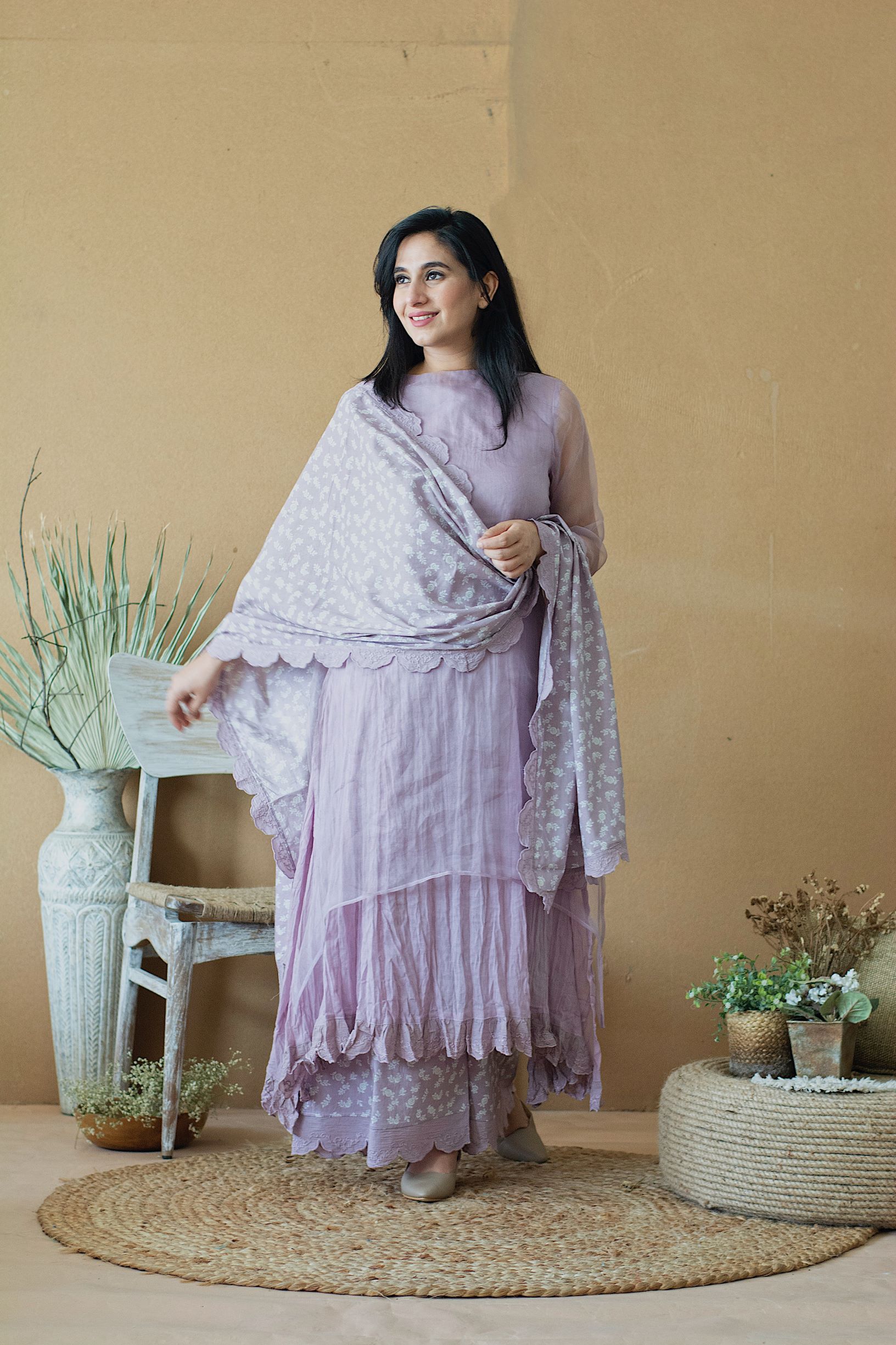LILAC MUSK LAYERED KURTA WITH PANTS AND DUPATTA - Naaz By Noor
