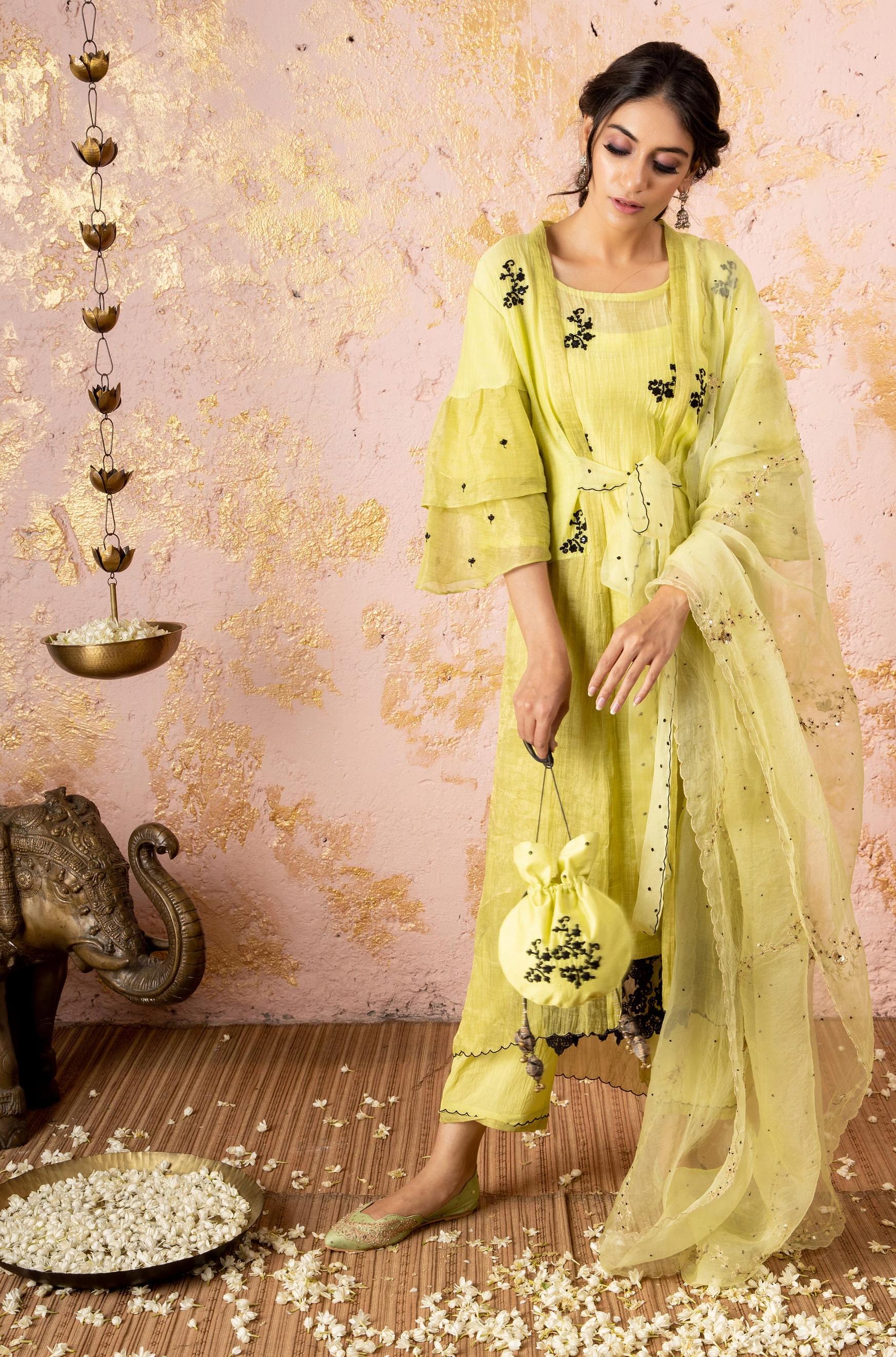 Lime Embroidered KurtaSet With Dupatta - Naaz By Noor