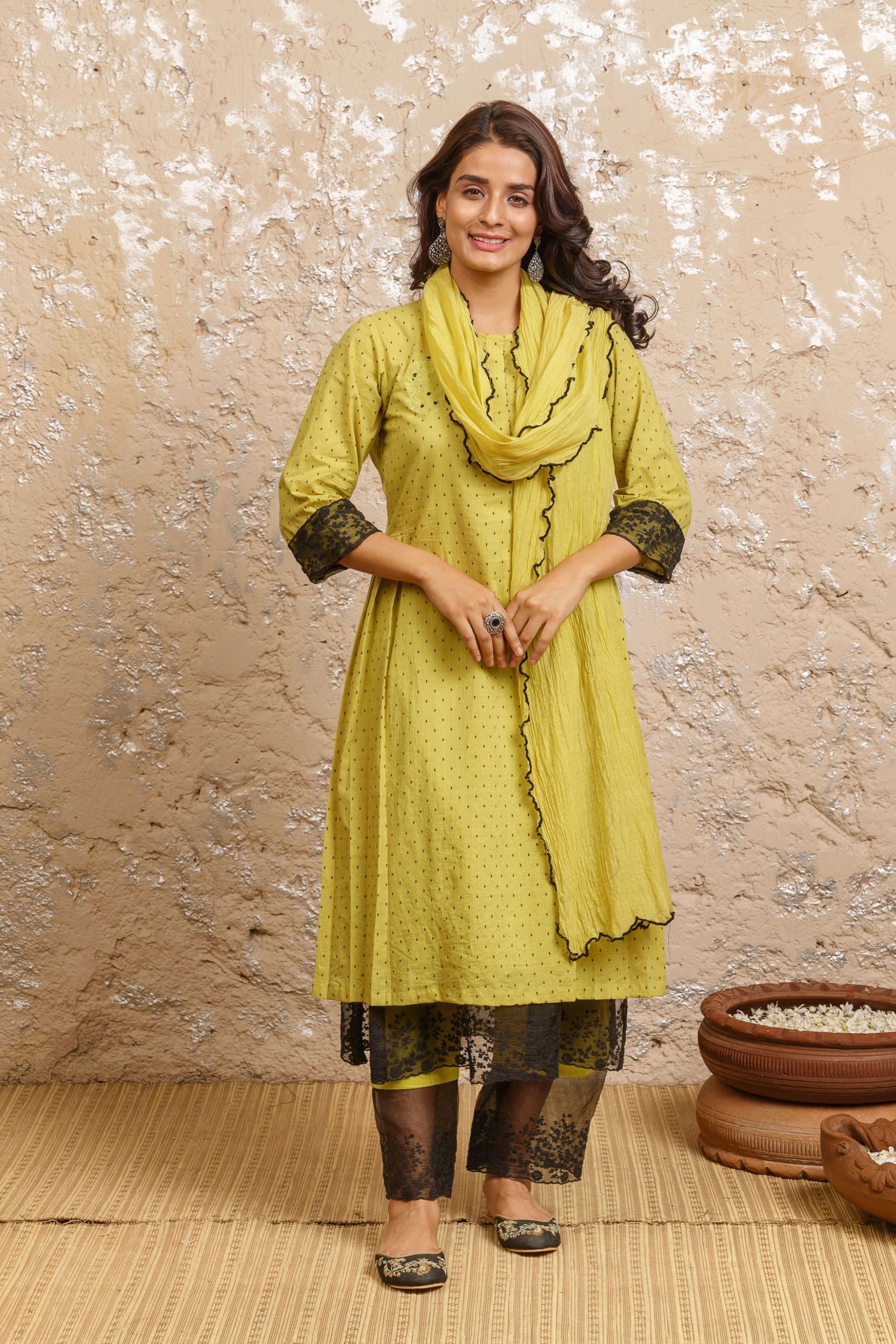 Lime Green Embroidered Kurta With Pants And Dupatta - Naaz By Noor
